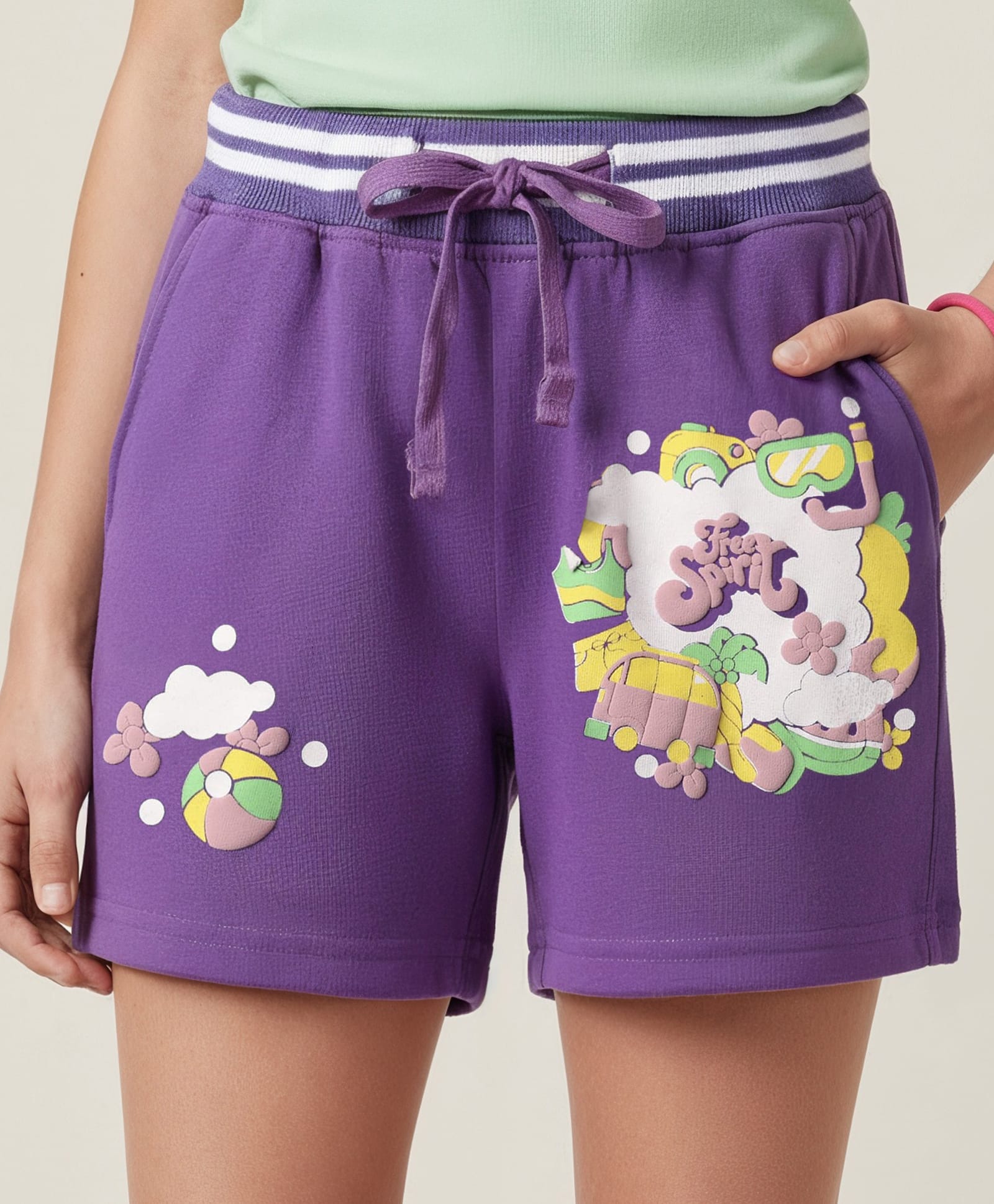 Pine Kids Looper Knit Mid Thigh Shorts With HD Print - Purple-picture-25