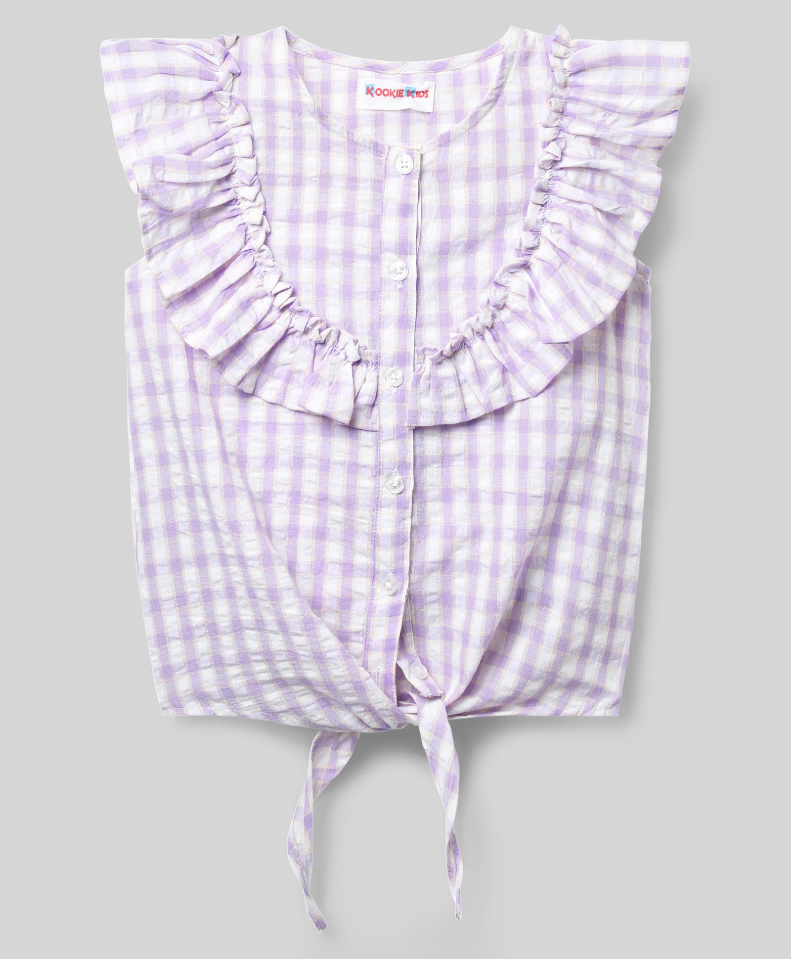 kookie kids india Kookie Kids Cotton Woven Sleeveless Shirt Top with Knot With Frill & Checks - Lavender-picture-31