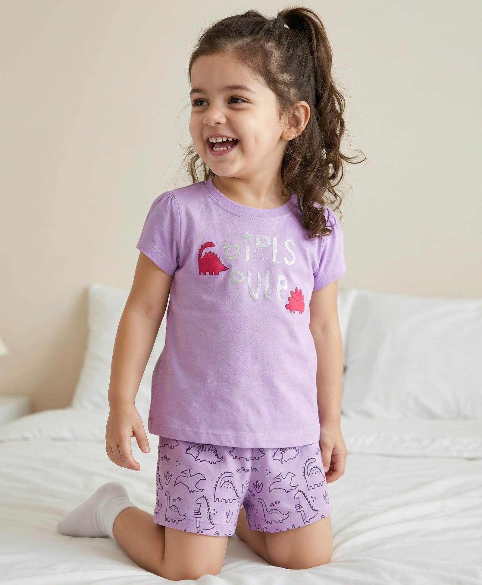 Babyhug Cotton Knit Half Sleeves T-Shirt & Short With Dino Print - Lavender