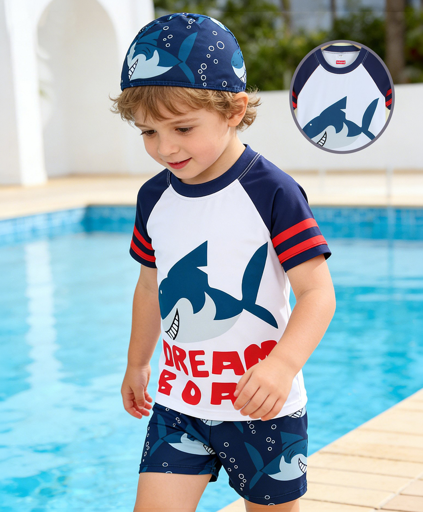 Bosky Half Raglan Sleeves Two Piece Swimming Suit with Shark Print - Blue-image-7
