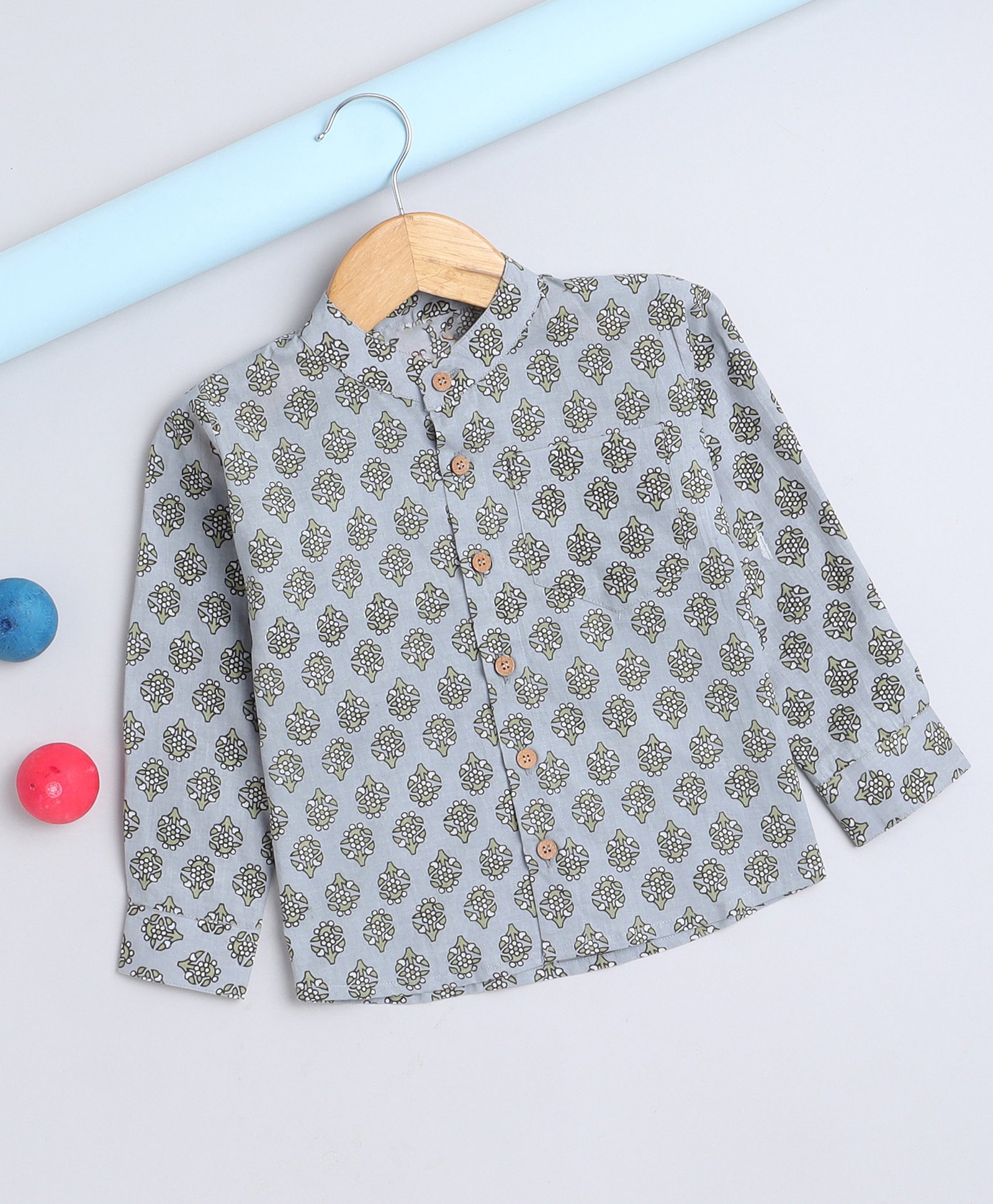 The Magic Wand Cotton Full Sleeves Floral Printed Kurta Style Shirt - Grey-image-10