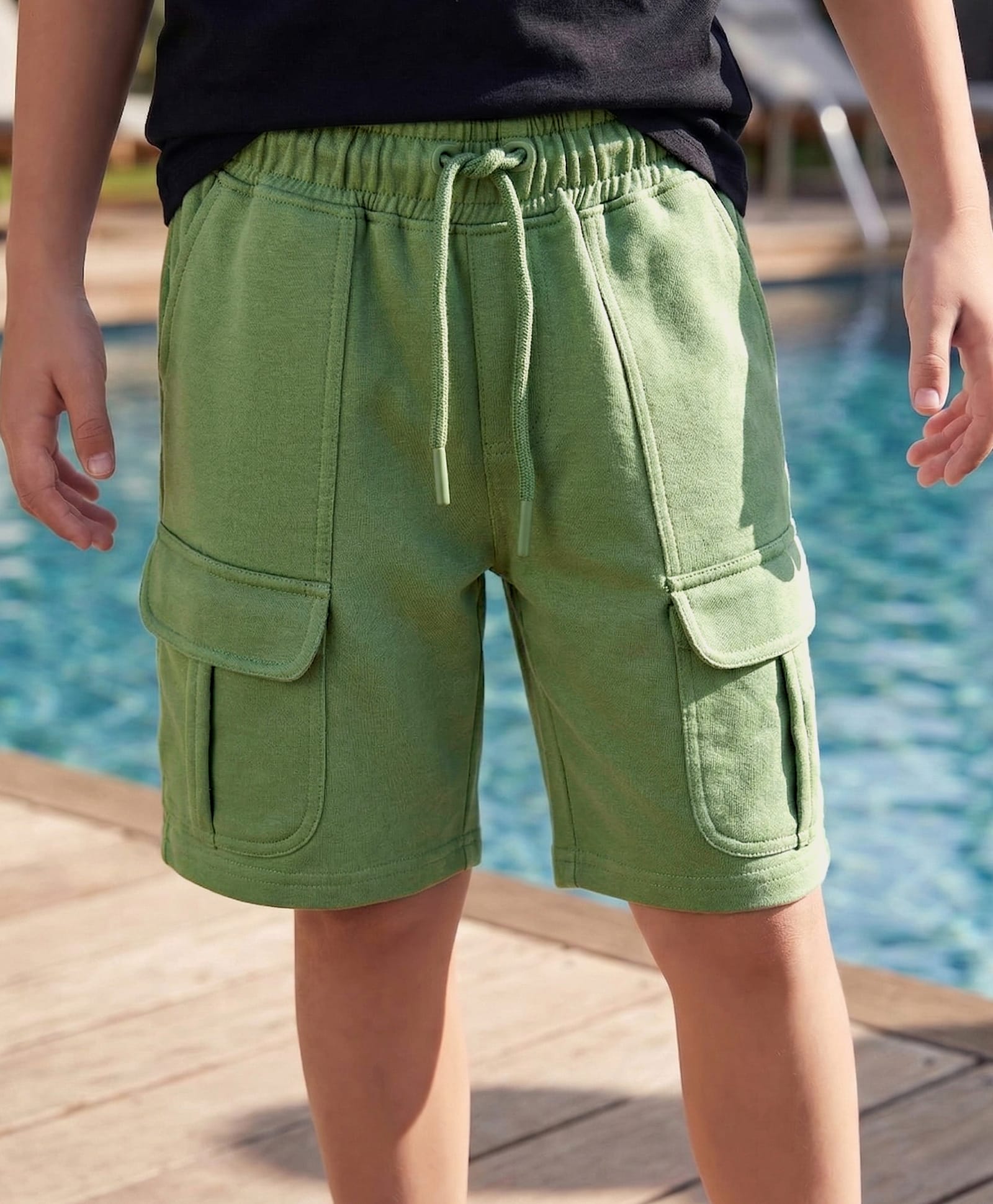 Pine Kids Looper Knit Above Knee Length Solid Shorts With Cargo Pockets - Olive Green-image-19