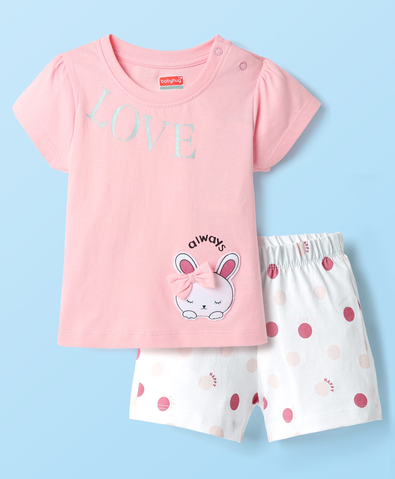 Babyhug Cotton Knit Half Sleeves Shorts Night Suit With Polka Dots & Bunny Applique - Pink & White