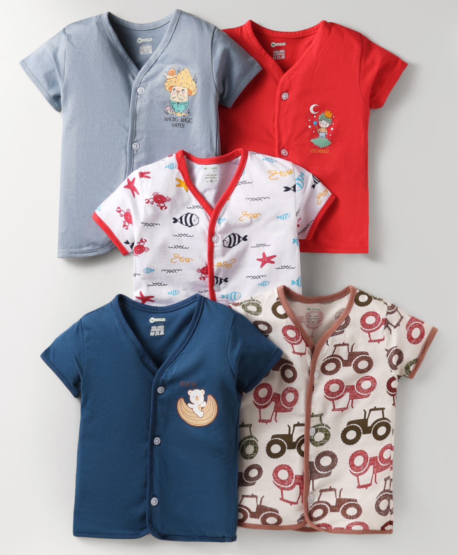 OHMS Single Jersey Knit Half Sleeves Front Open Jhablas With Vehicle & Fish Print Pack Of 5 - Multicolour-image-43