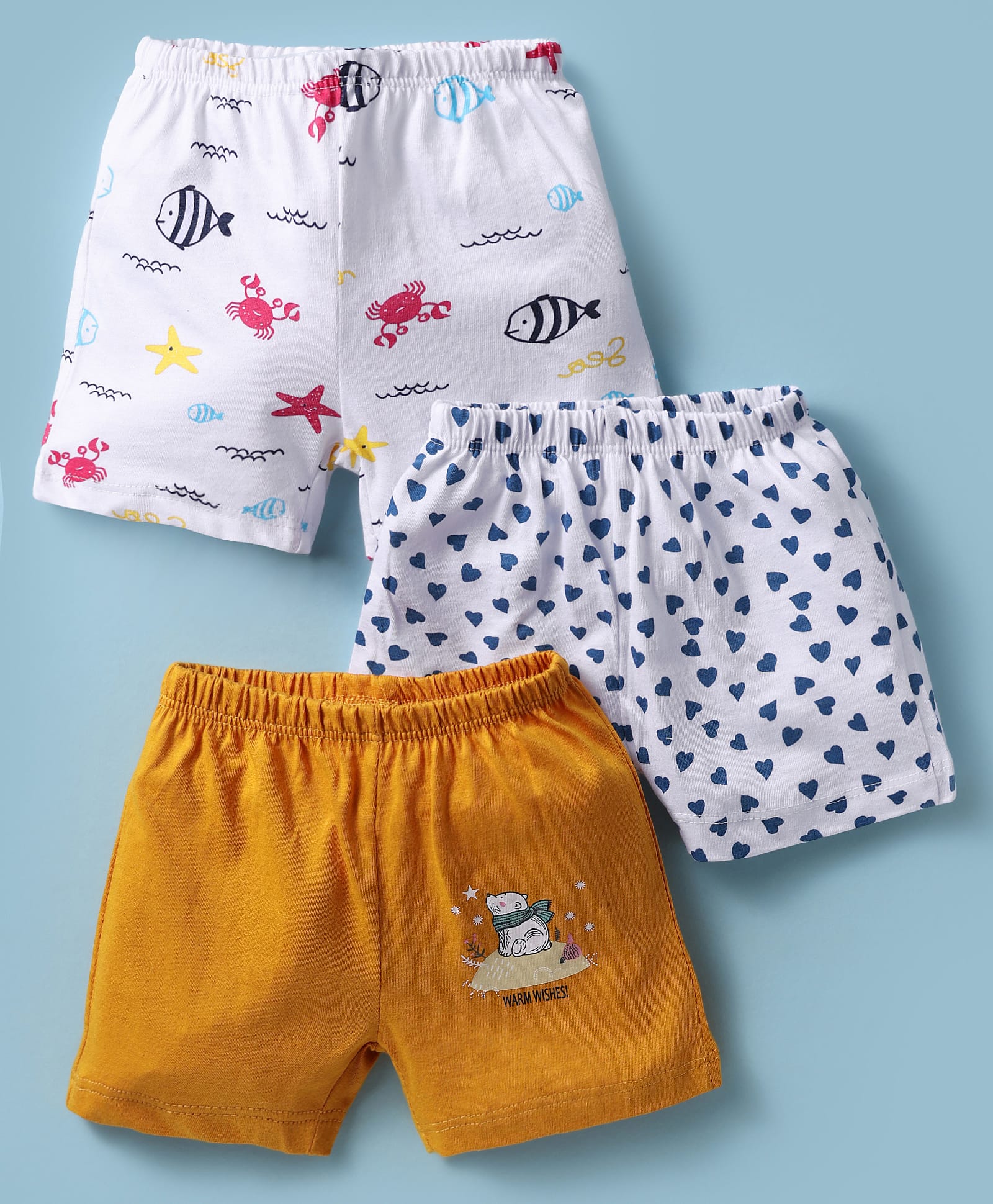 OHMS Single Jersey Knit Knee Length Hearts & Sea Life Printed Shorts Pack Of 3 - Mustard & White-image-19