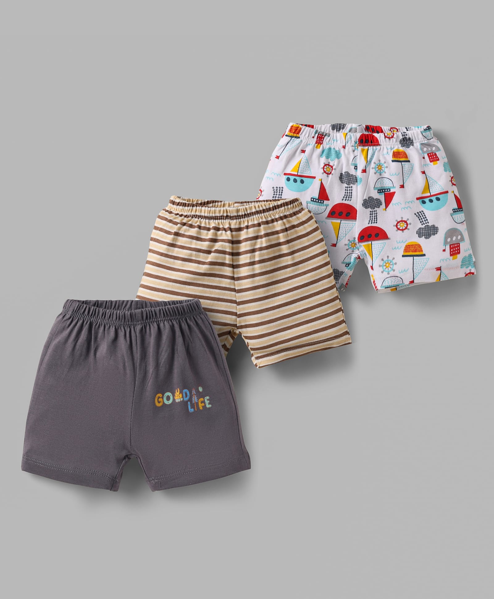OHMS Single Jersey Knit Knee Length Shorts With Stripes & Nautical Theme Print Pack Of 3 - Grey Brown & White-image-47