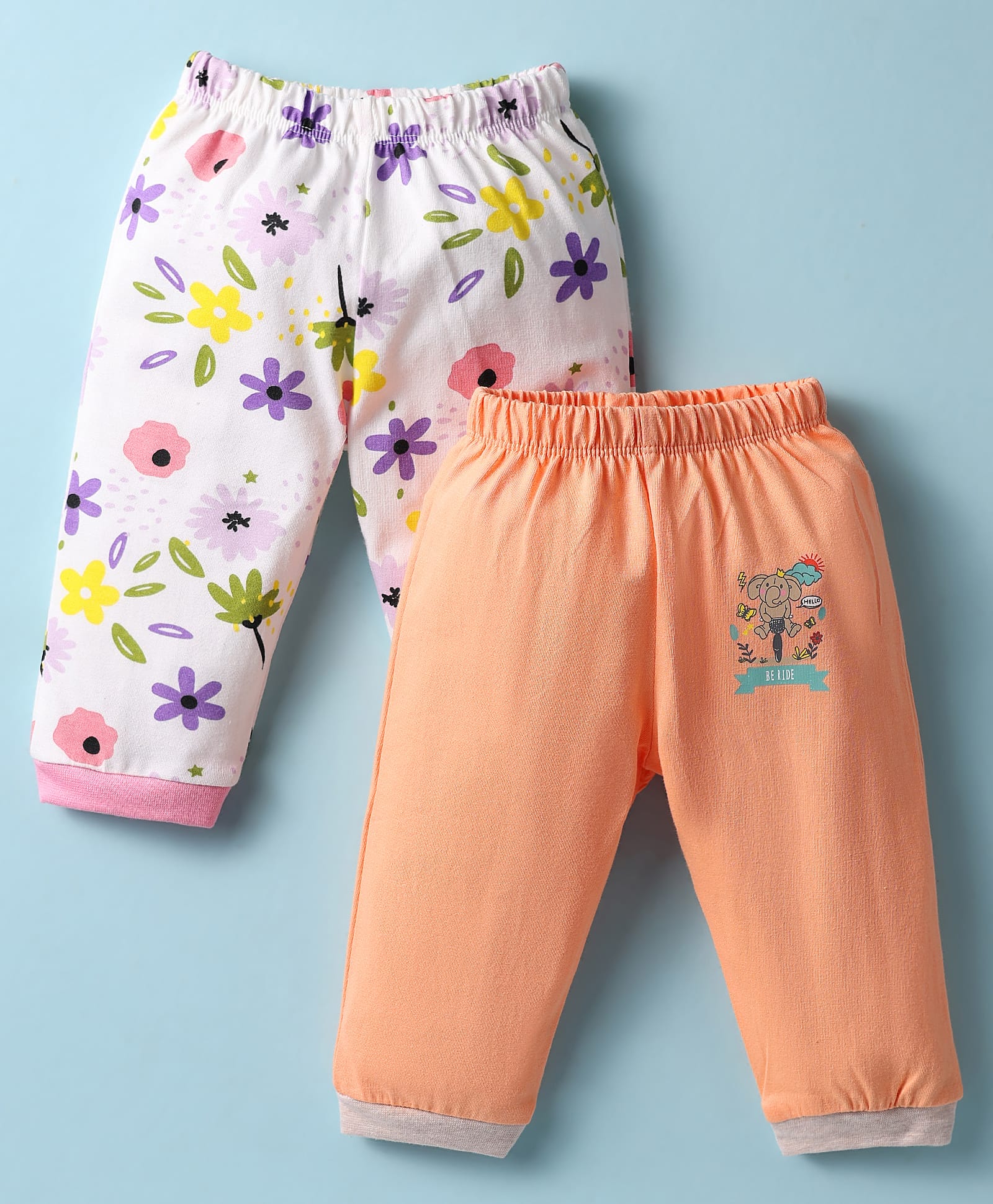 OHMS Single Jersey Knit Full Length Leggings With Floral & Animal Print Pack Of 2 - Orange & White-picture-27