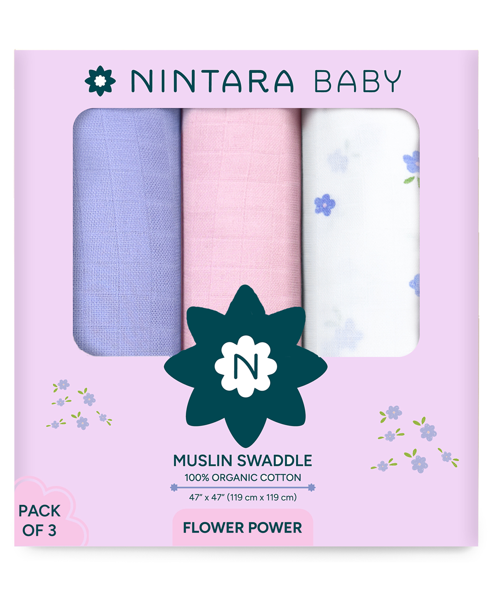 Nintara Baby Soft Organic Cotton Extra Large Swaddle Pack of 3 - Flower Power - Multicolor-image-35