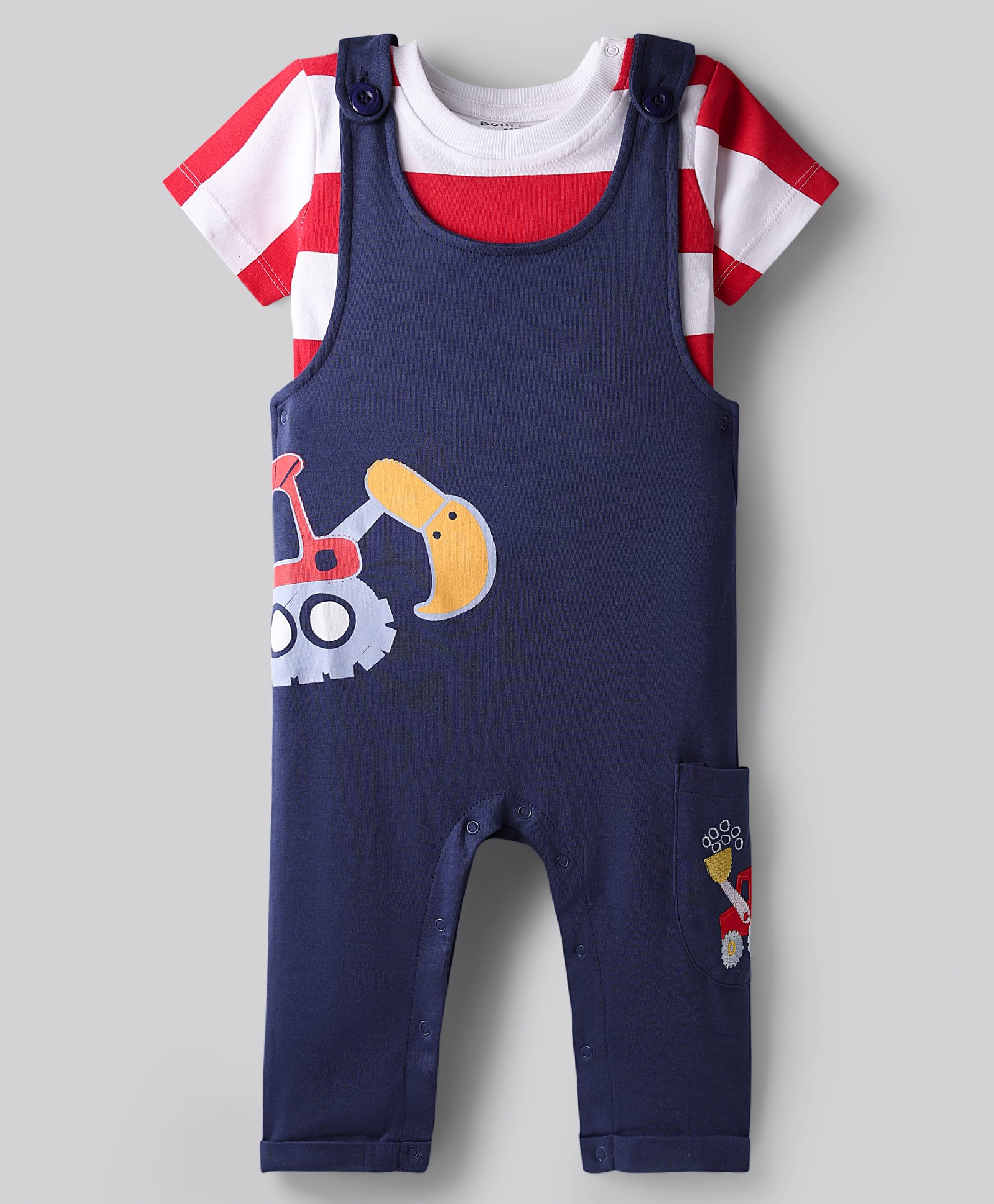 Bonfino 100% Cotton Half Sleeves Vehicles Printed Dungaree With Striped T-Shirt - Navy Blue-image-20