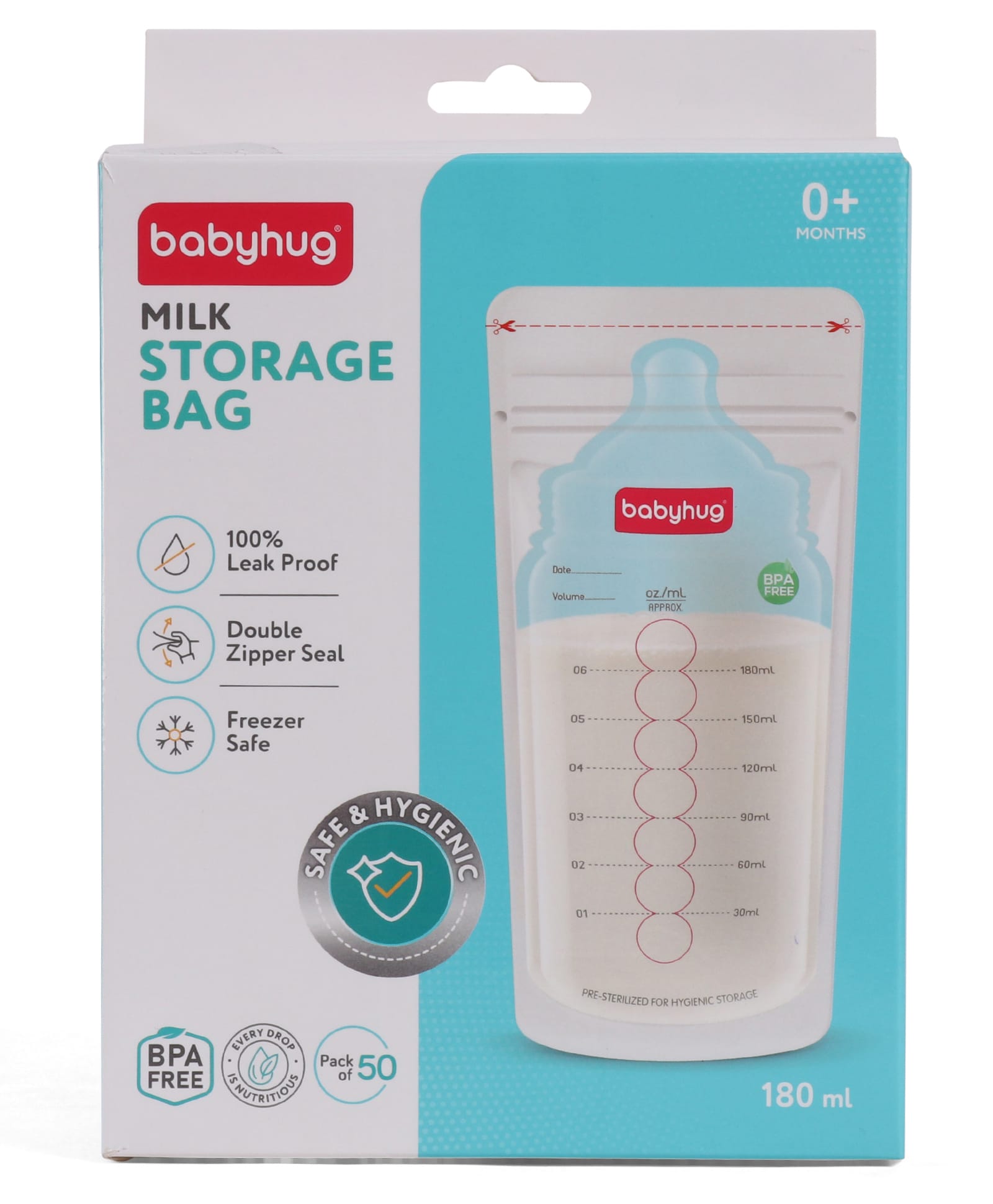 Babyhug Breast Milk Storage Bags Pack of 50 (180 ml)| BPA-Free Disposable Milk Freezer Bags for Breastfeeding Moms Pre-Sterilized, 100% LeakProof, Hygienic Storage| Self Standing| Measuring Scale