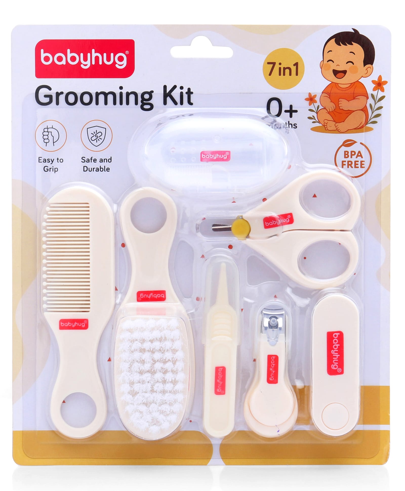 Babyhug 7-in-1 Baby Grooming kit| BPA Free| Includes Finger Brush ( with case), Nail Scissors, Comb, Hair Brush, Tweezer, Nail Clipper & Filer| Rounded Tip| Easy to Grip| Baby Friendly Tools-image-3
