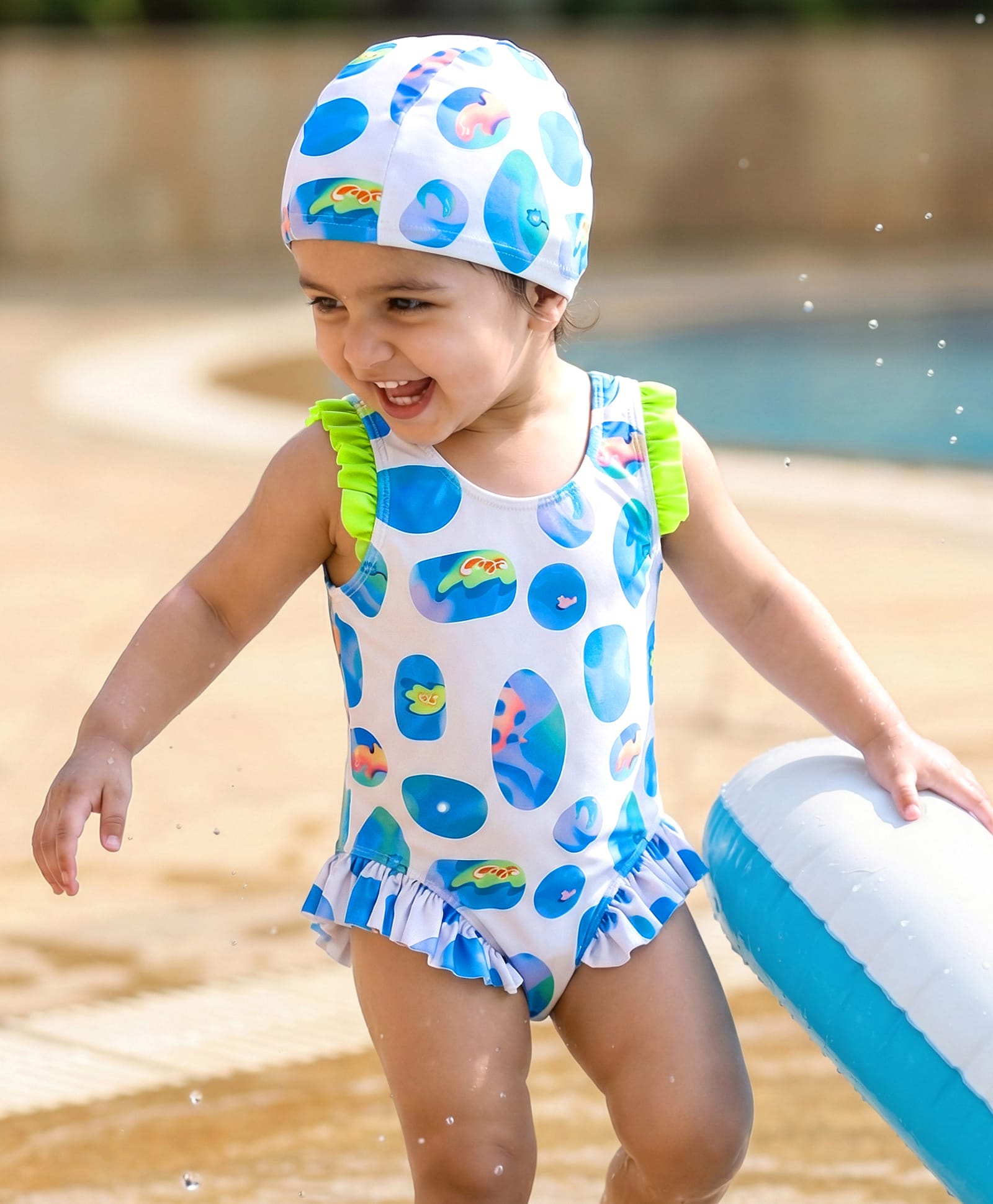 Babyhug Sleeveless V Cut Swimsuit With Abstract Print & Cap - White-image-9