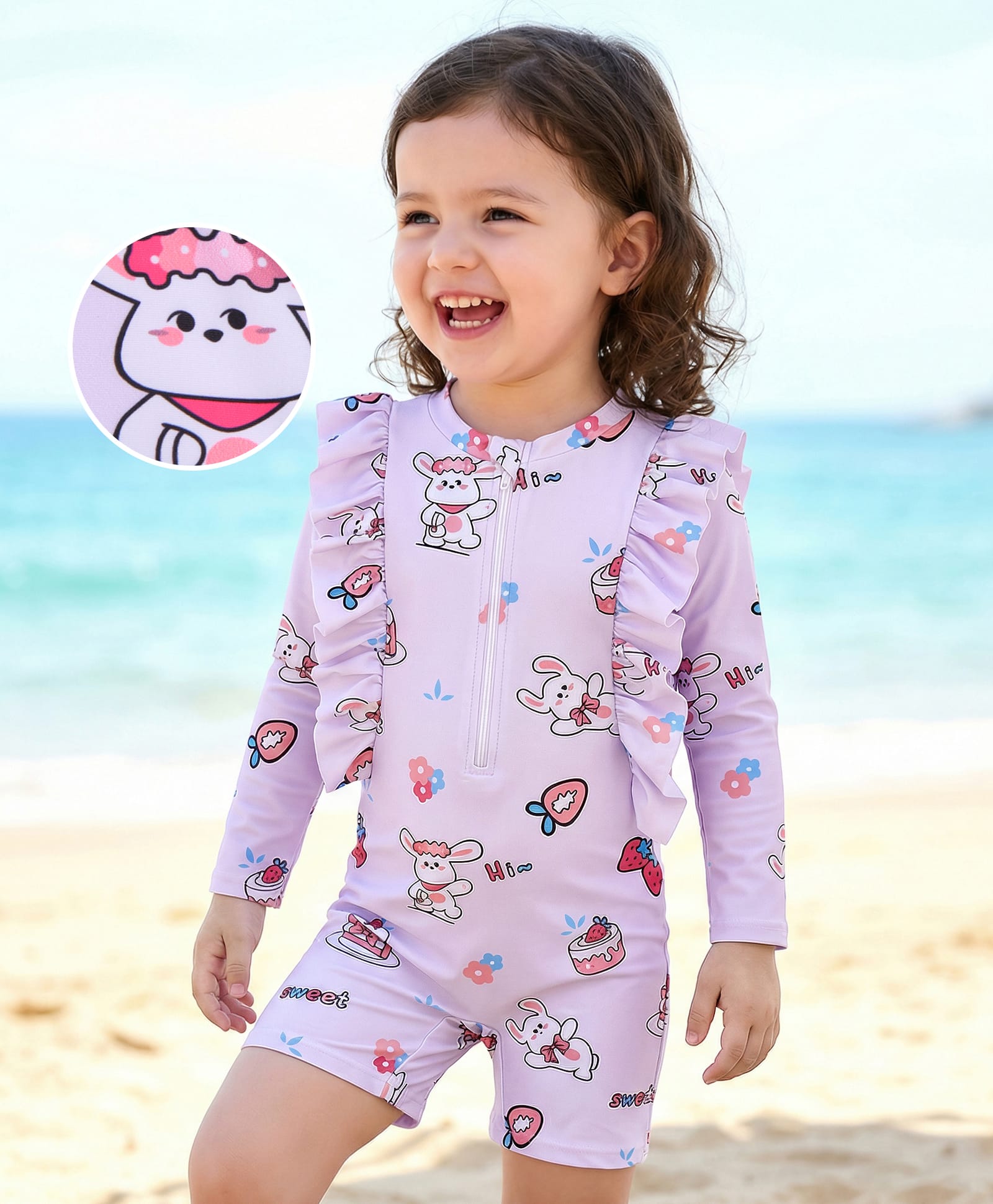 Mark & Mia Full Sleeves Legged Swimsuit With Bunny & Floral Print - Purple