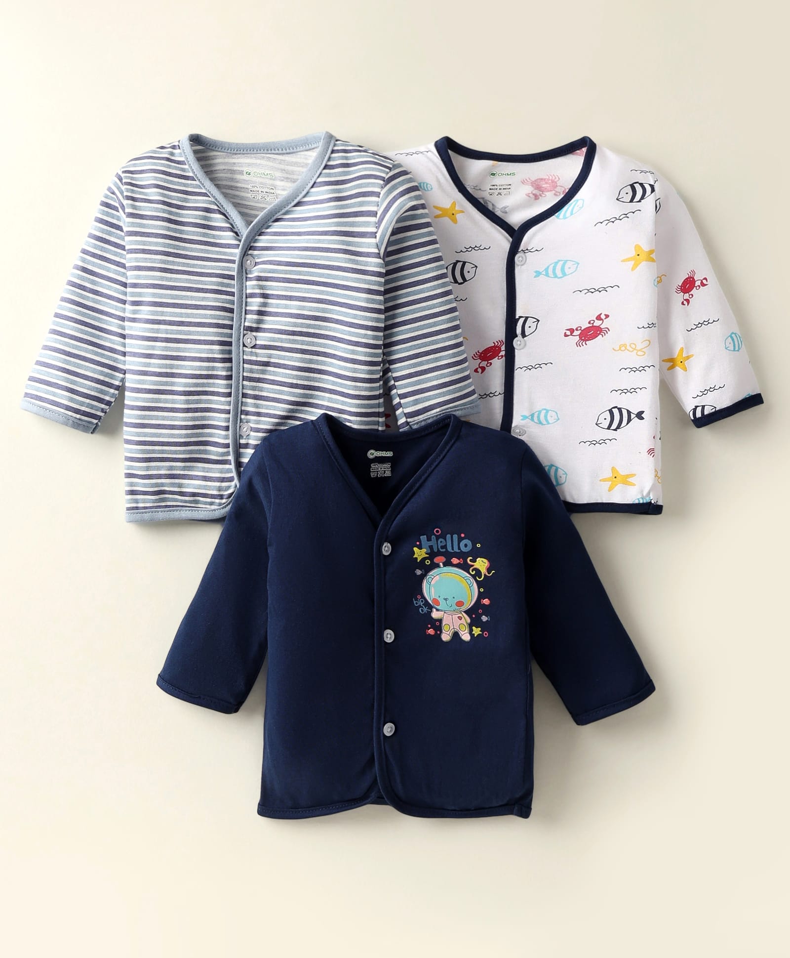 OHMS Single Jersey Knit Full Sleeves Striped & Sea Animals Printed Jhablas Pack of 3 - White Grey & Navy Blue-picture-13