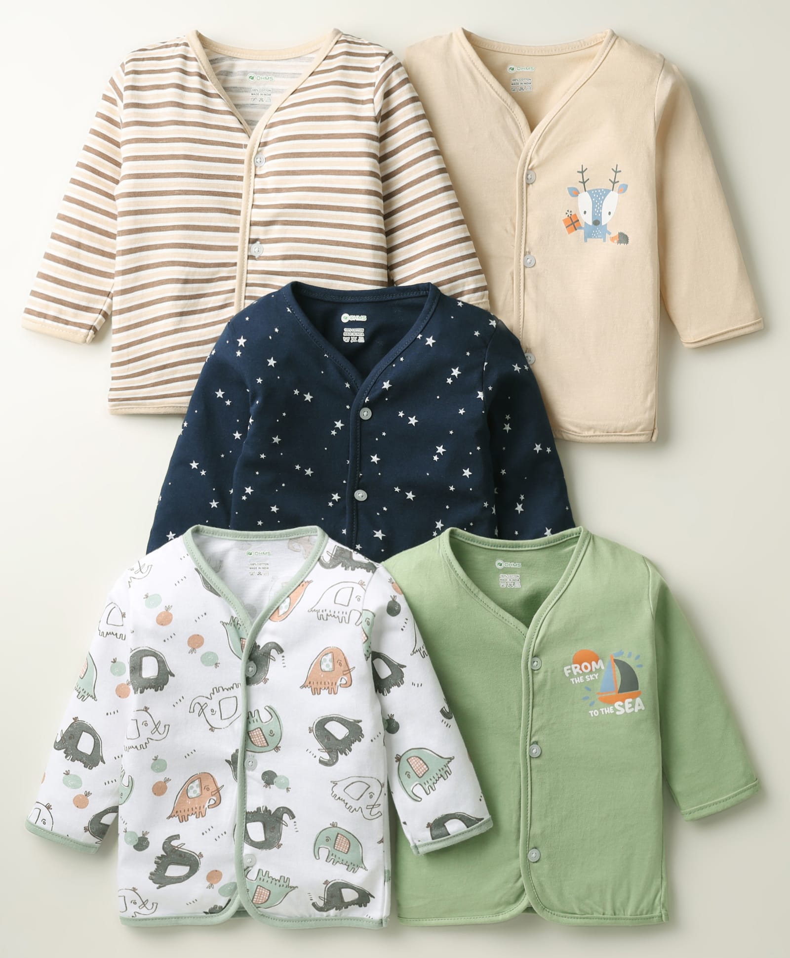 OHMS Single Jersey Knit Front Open Full Sleeves Striped Jhablas with Animal & Star Print Pack of 5 - Multicolor-picture-22