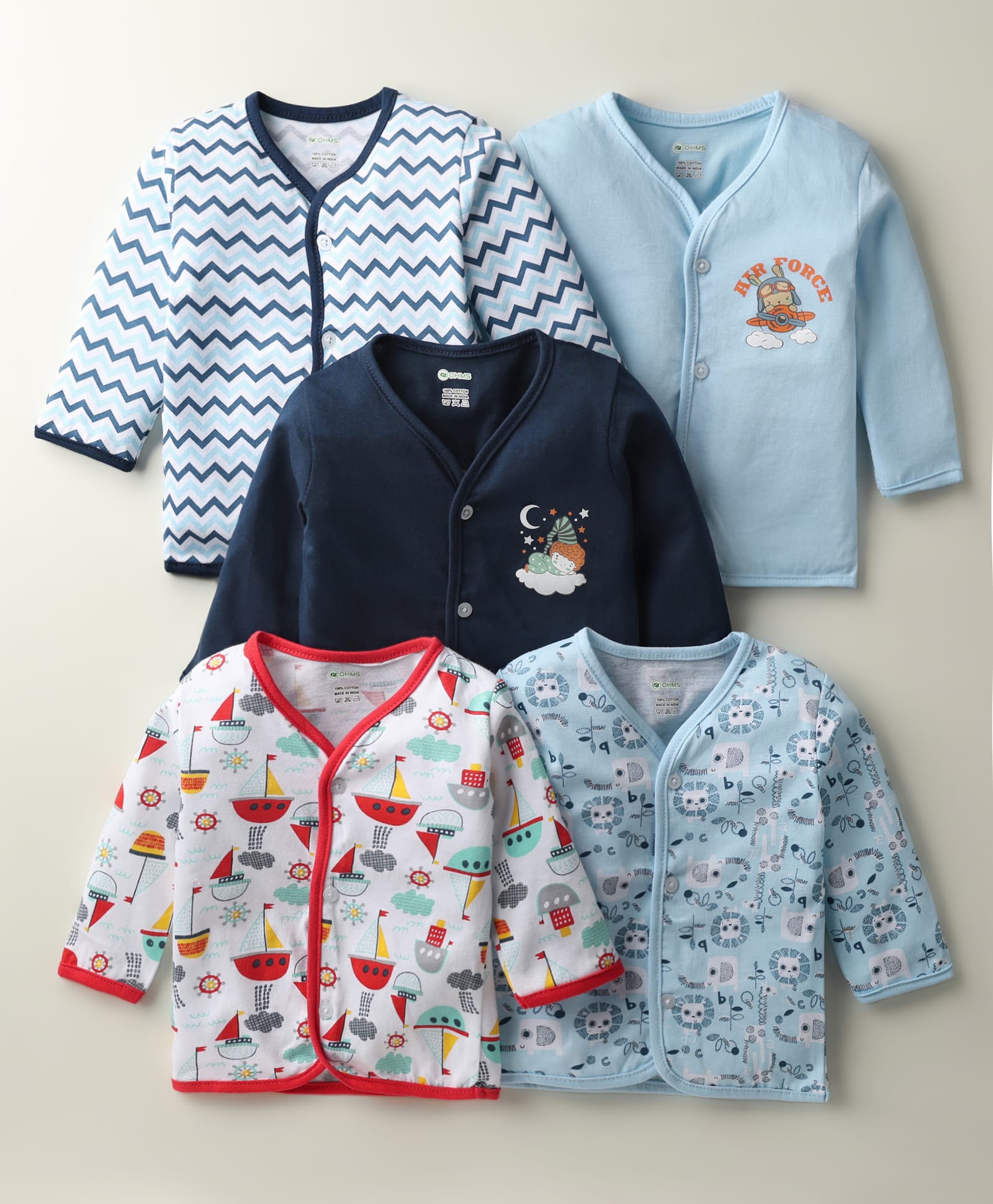 OHMS Single Jersey Knit Front Open Full Sleeves Striped Jhablas with Animal & Nautical Theme Print Pack of 5 - Multicolor-picture-17