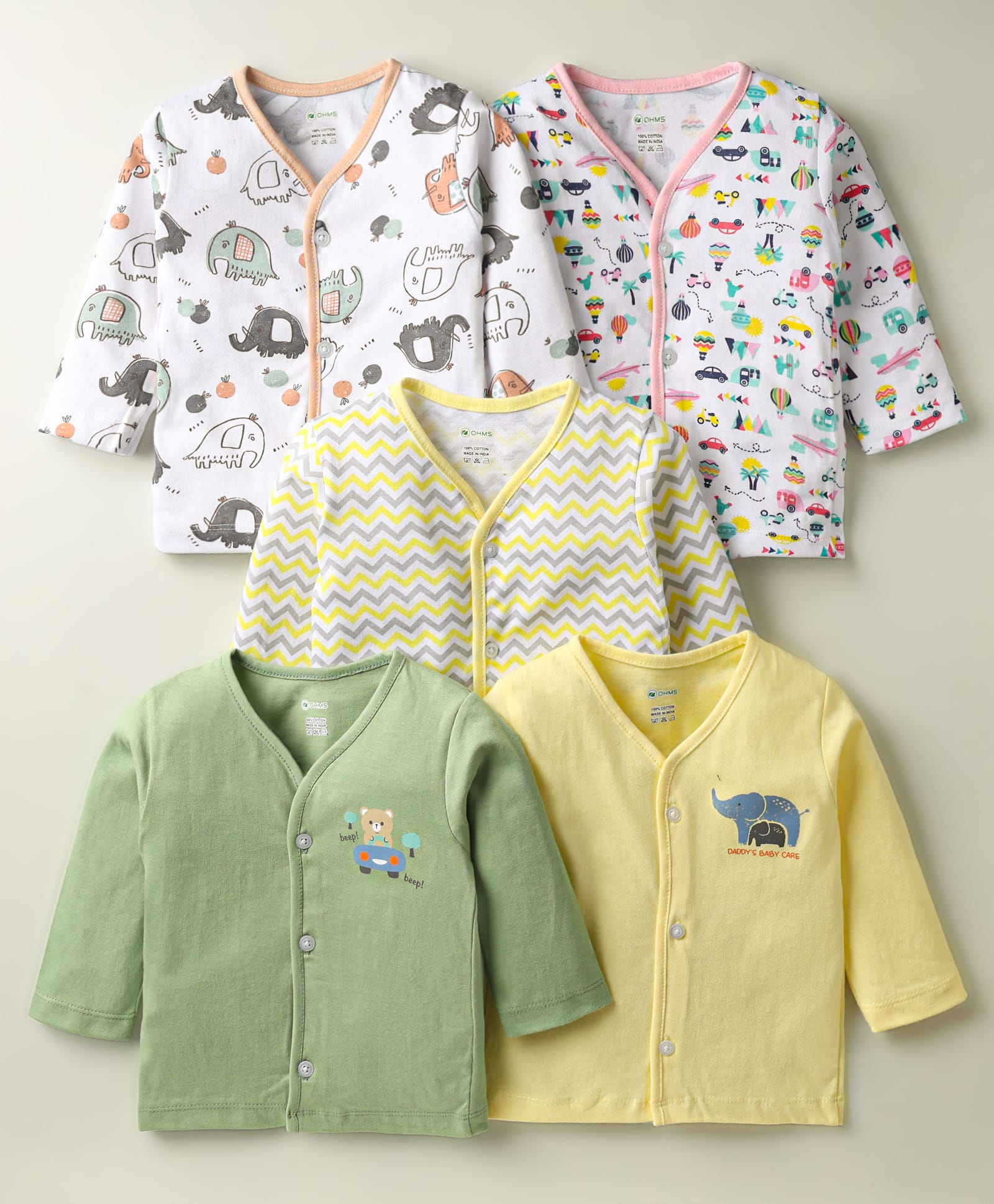 OHMS Single Jersey Knit Front Open Full Sleeves Striped Jhablas with Animal Pack of 5 - Multicolor-picture-19