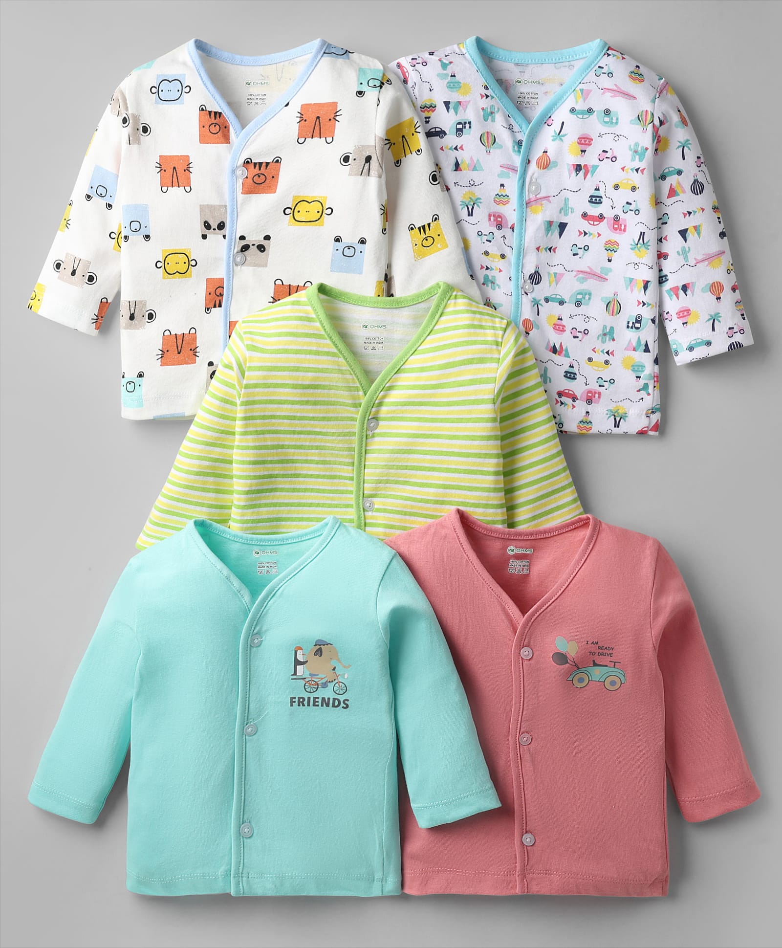 OHMS Single Jersey Knit Front Open Full Sleeves Striped Jhablas with Animal Print Pack of 5 - Multicolor-picture-20