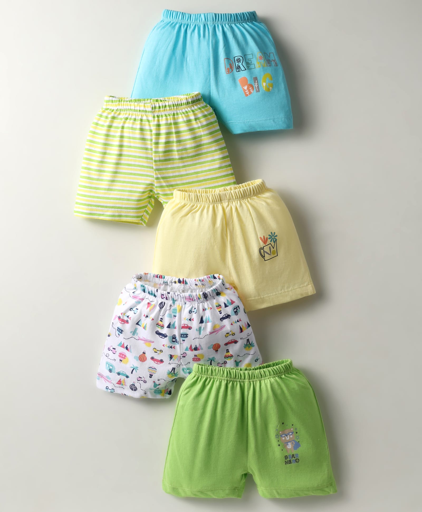 OHMS Single Jersey Knit Knee Length Shorts with Vehicle Print & Stripes Pack of 5 - Multicolor