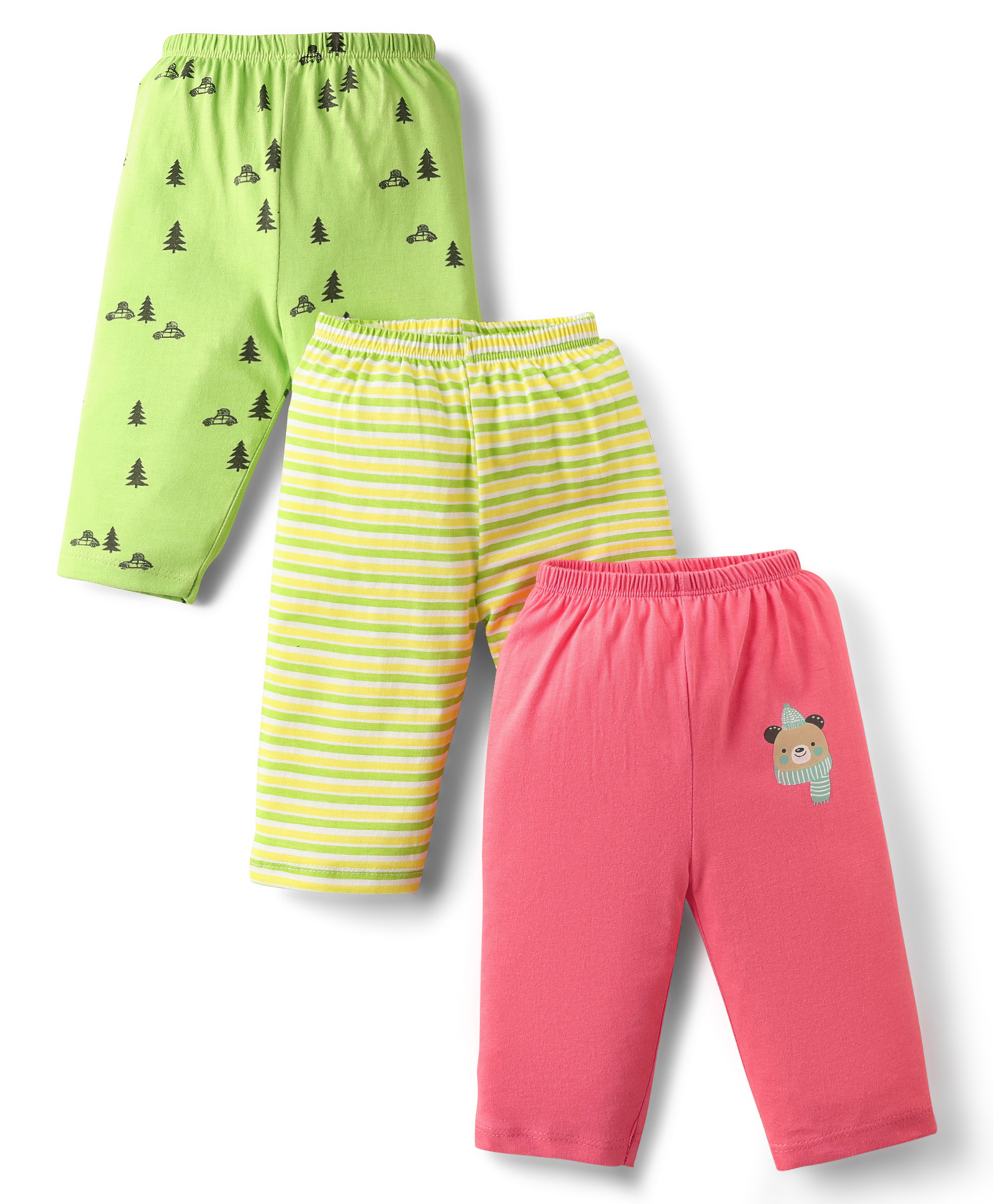 OHMS Single Jersey Knit Full Length Lounge Pant With Stripe & Tree Print Pack Of 3 - Pink Light Green & Yellow-picture-14