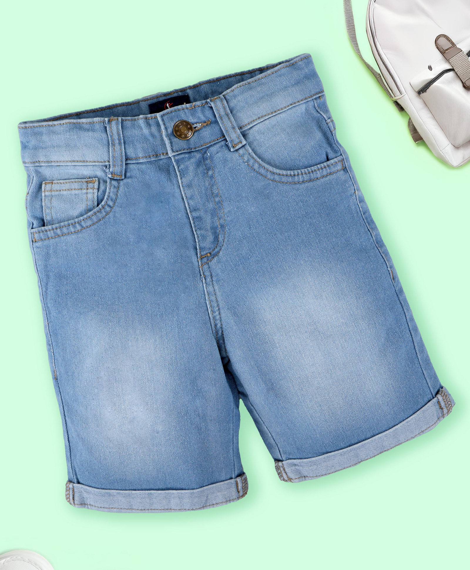 Kiddopanti Denim Washed Roll Up Shorts - Medium Blue-picture-18