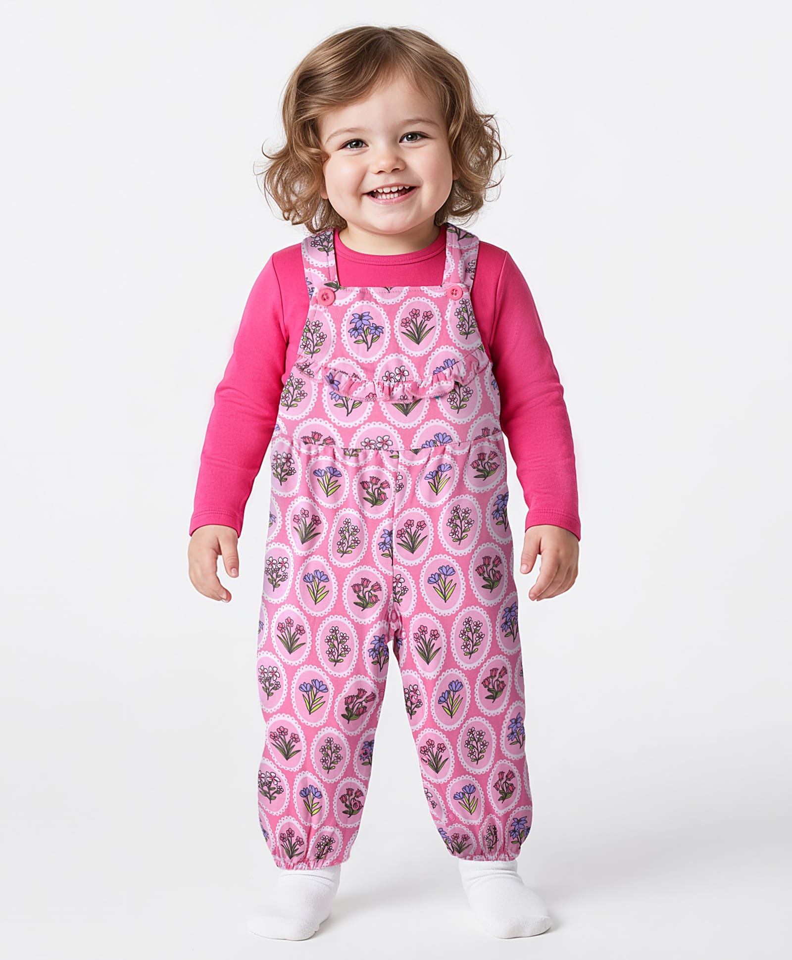 Babyoye 100% Cotton Knit With Eco Jiva Finish Dungaree & Full Sleeves Inner Tee With Floral Print - Pink-picture-33