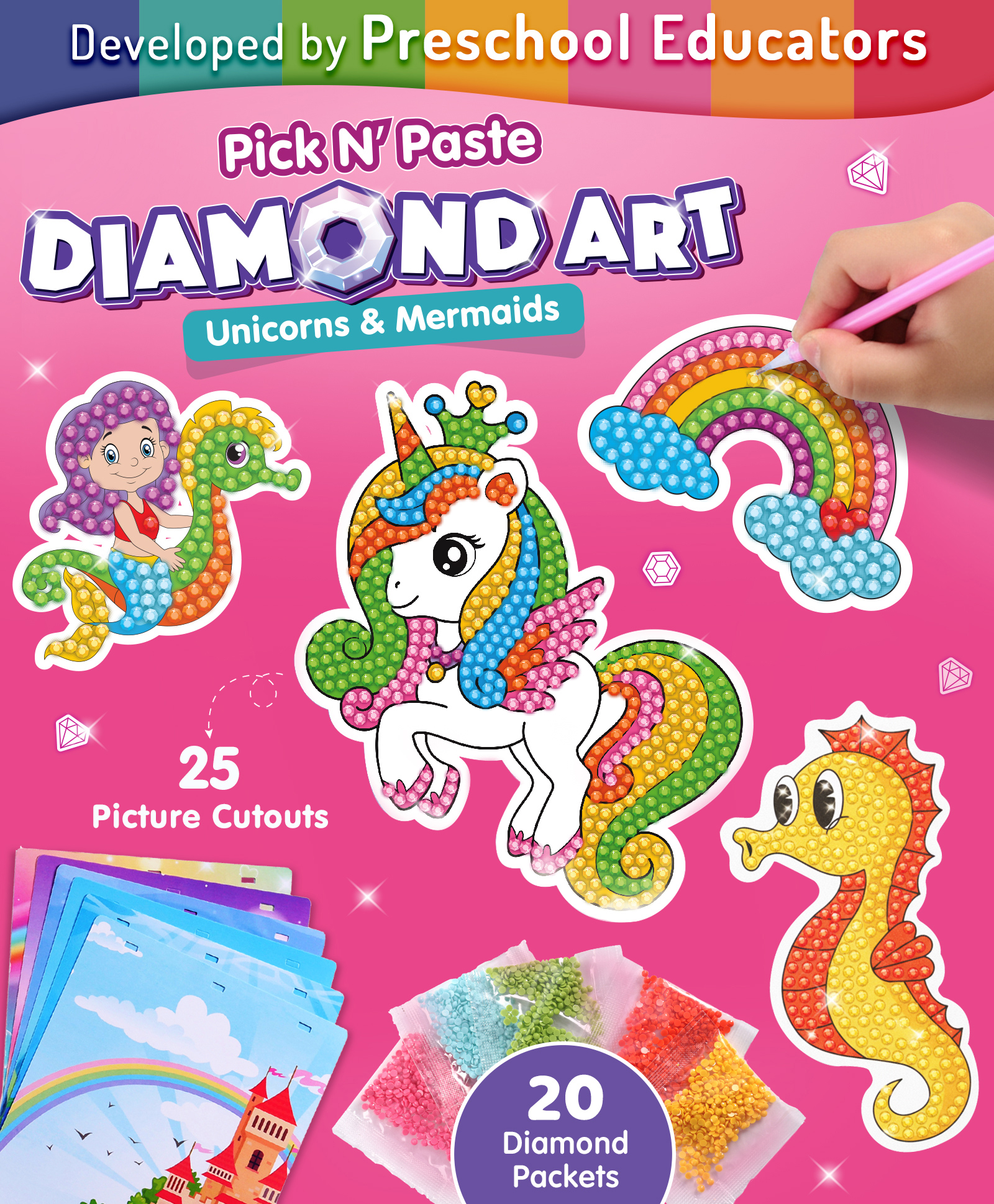 Intelliskills Pick N Paste Diamond Art-Unicorns & Mermaids |Premium DIY Gem Painting & Sticker Craft Kit for Kids |25 Cutouts,20 Colourful Crystal Packs |BIS Certified |Educator Recommended |Gifting