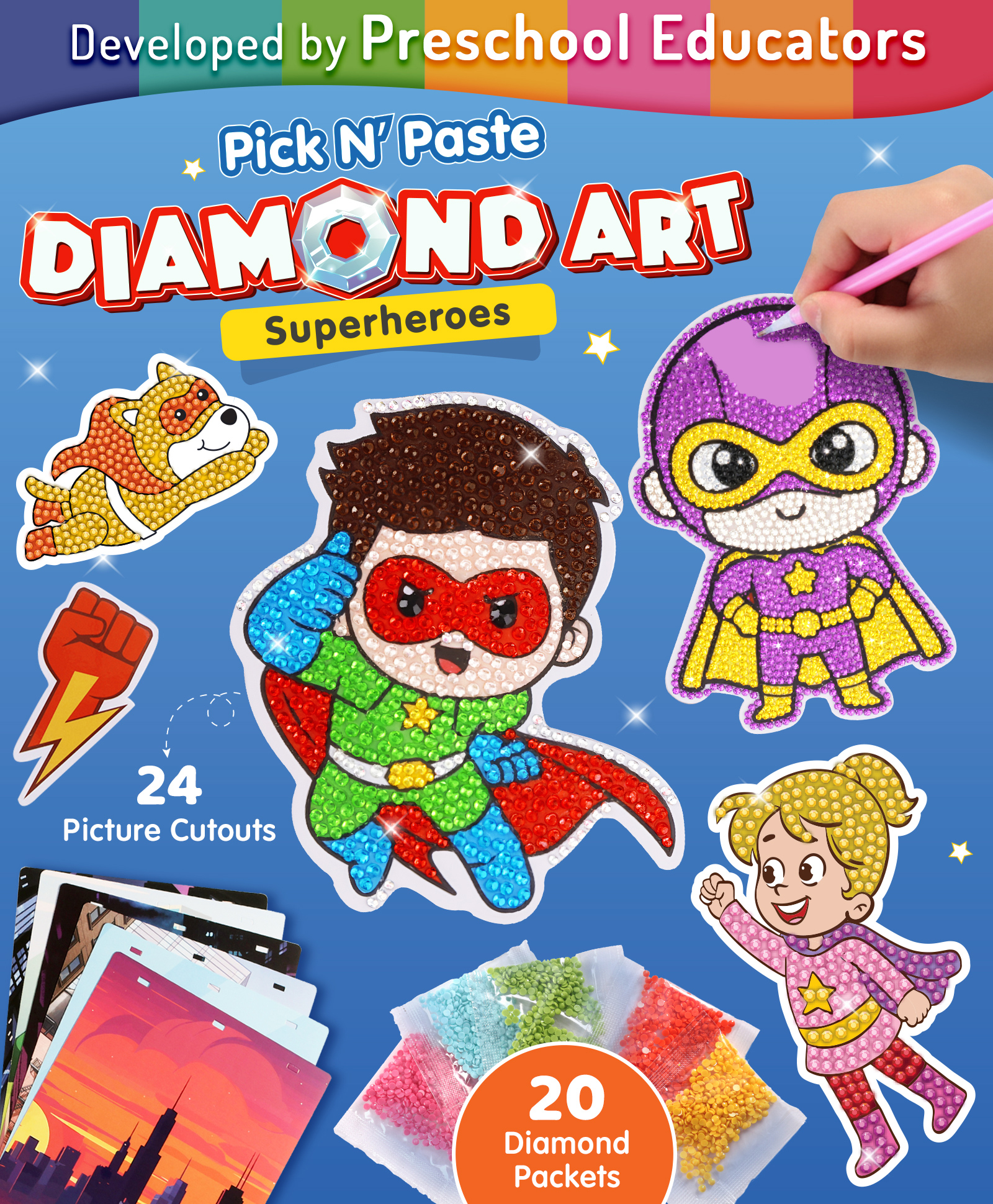 Intelliskills Pick N Paste Diamond Art-Superheroes |Premium DIY Gem Painting & Sticker Craft Kit for Kids |25+ Cutouts,20 Colourful Crystal Packs |BIS Certified |Educator Recommended |For Gifting