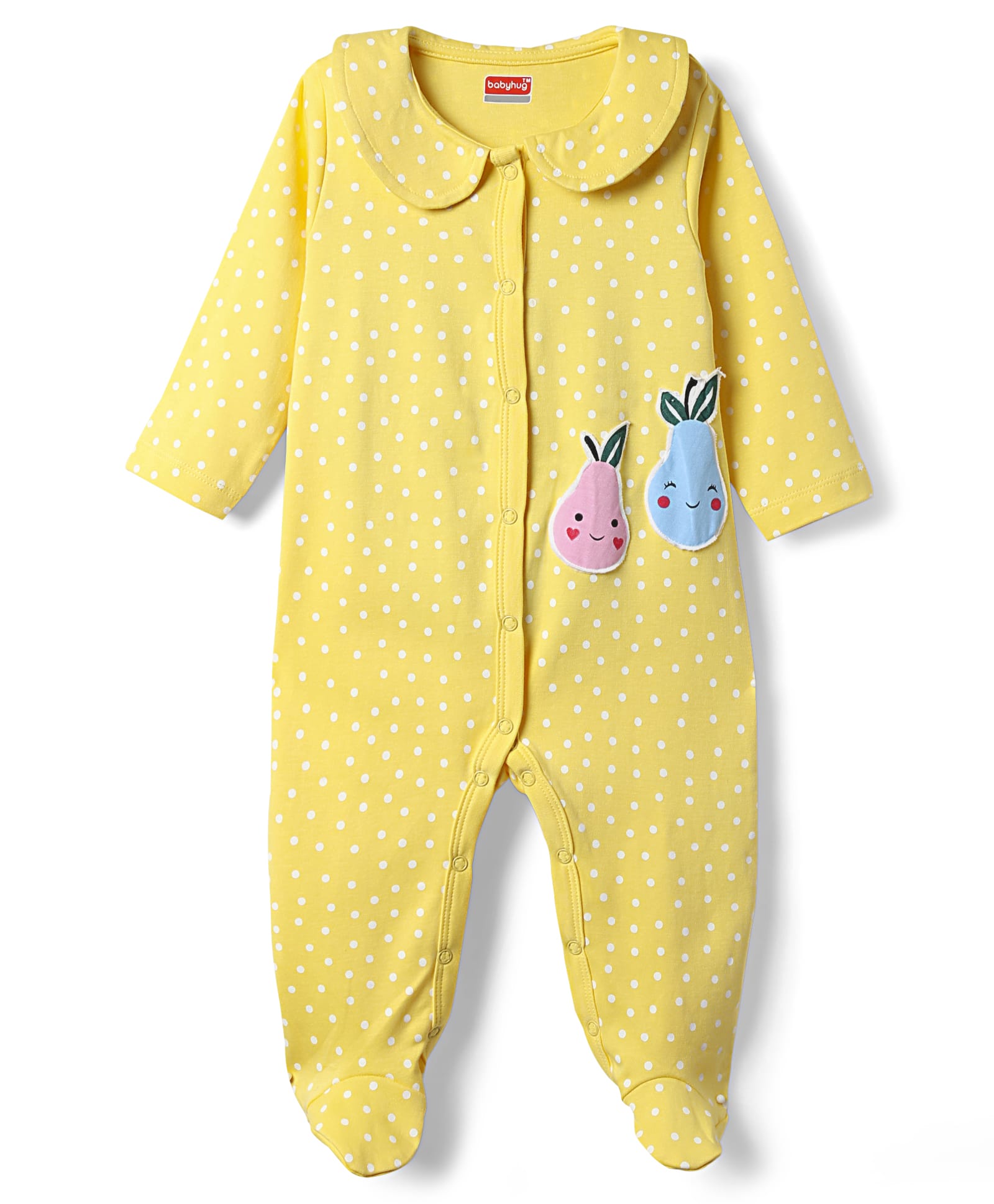 Babyhug Cotton Knit Peter Pan Collar Full Sleeves Footed Sleep Suit With Polka Dots & Tropical Theme Print - Yellow-image-30
