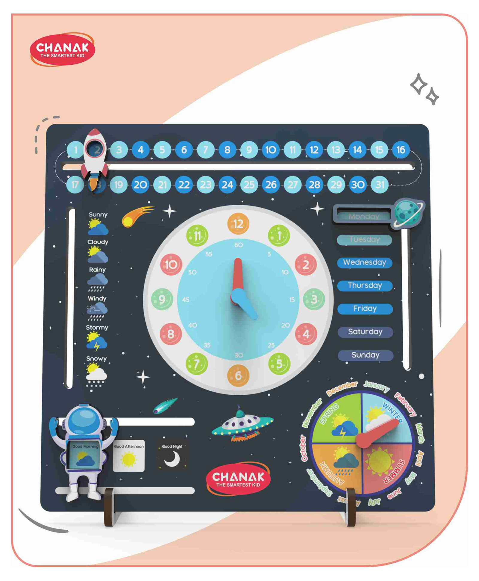 Aditi Toys Wooden Space Themed Learning Clock, Teach Date, Week, Month, Season, Weather & Time Durable MDF Wood Activity Educational Board For Preschoolers, Nursery & Kindergarten Age Above 3+ Years-image-37