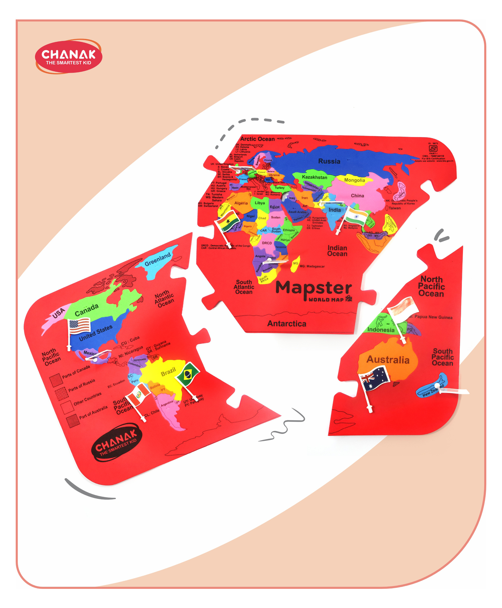 Aditi Toys Educational Word Map Puzzle for Kids 3 Foam Puzzle Frame With 61 Country Pieces Colorful Foam Puzzle with 60 Flags, 60N State Stickers-image-14