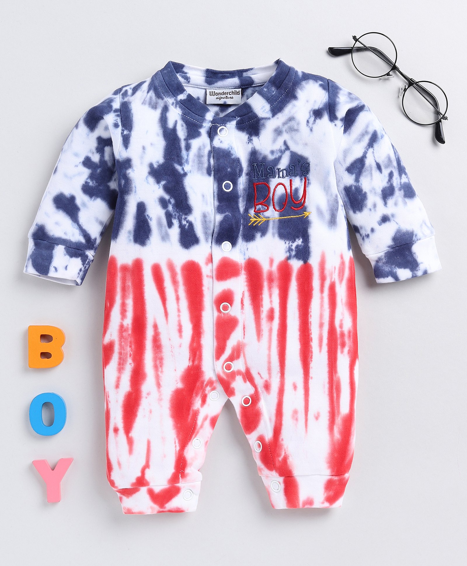 Wonderchild Full Sleeves Tie Dye Romper - Navy Blue & Red-image-4