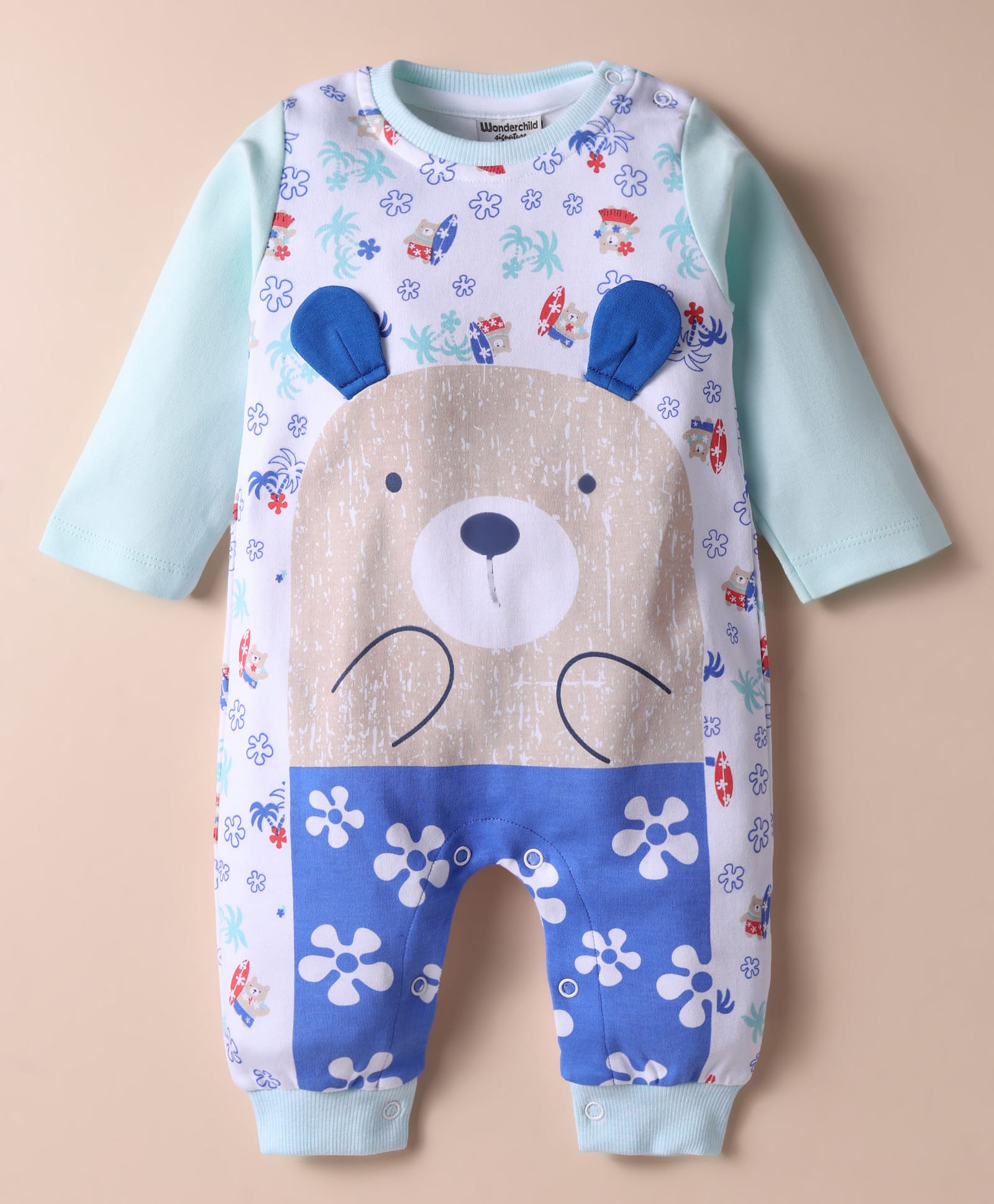 Wonderchild Full Sleeves Bear & Floral Printed Romper - White & Green-picture-26