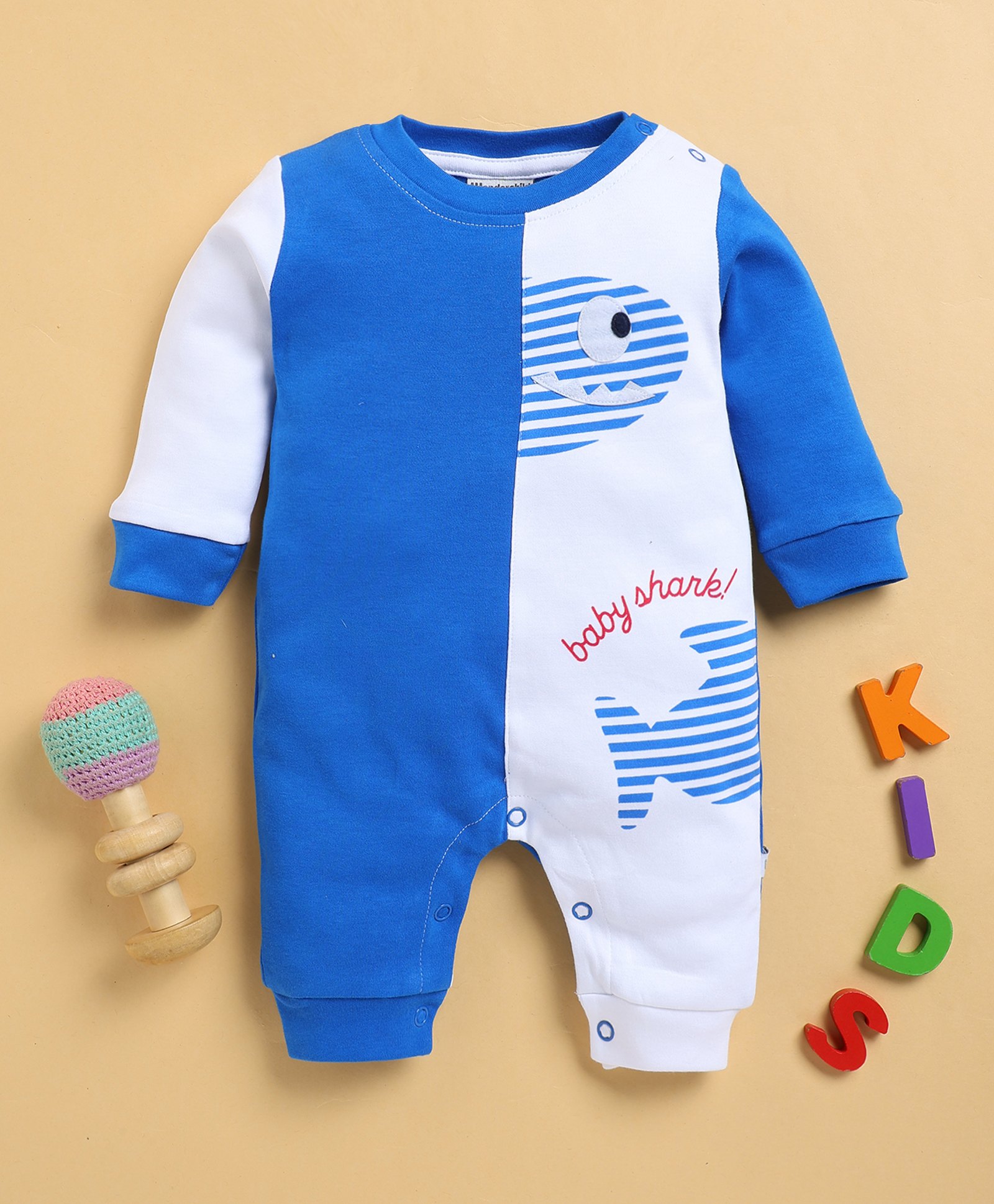 Wonderchild Interlock Full Sleeves Colour Blocked Shark Printed Romper - White & Royal Blue-image-8