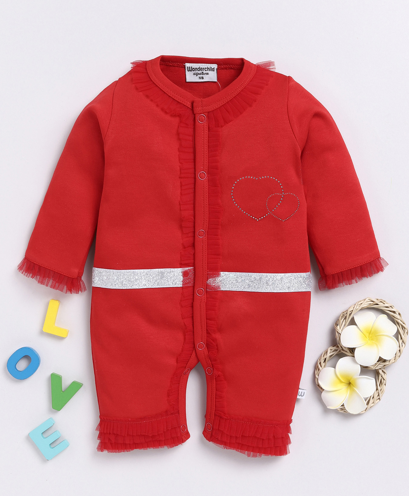 Wonderchild Full Sleeves Heart Stones Embellished Romper - Red-image-9
