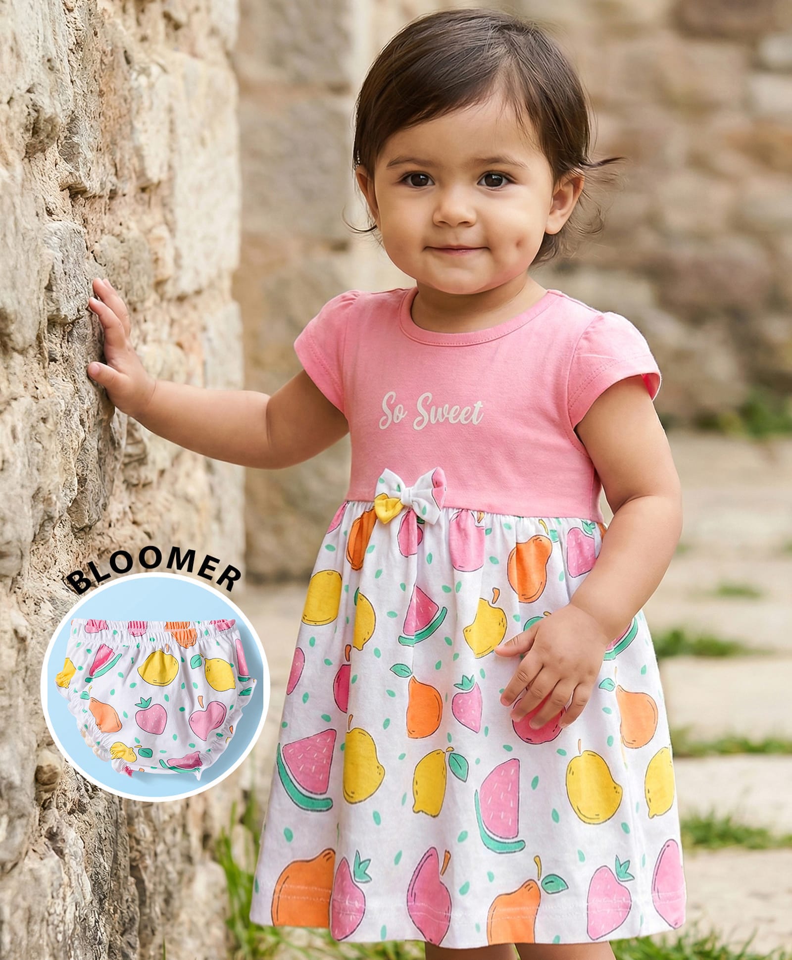 Babyhug Single Jersey Knit Half Cap Sleeves Fruit Printed Fit & Flared Frock with Bow Applique & Bloomer - Pink-picture-17