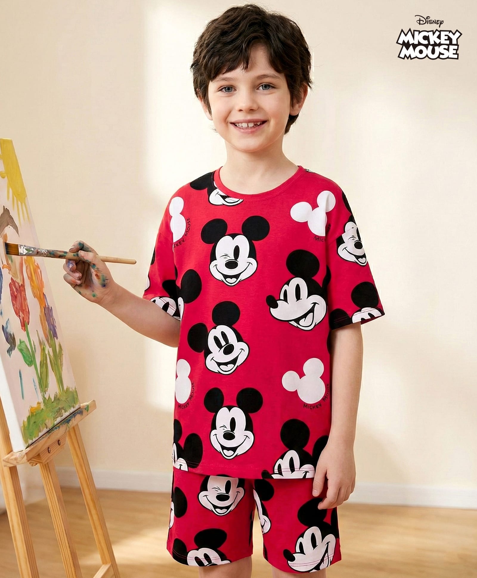 HoneyHap Disney Single Jersey Knit Half Sleeves Shorts Co-Ord Night Suit With Mickey Mouse Print - Red