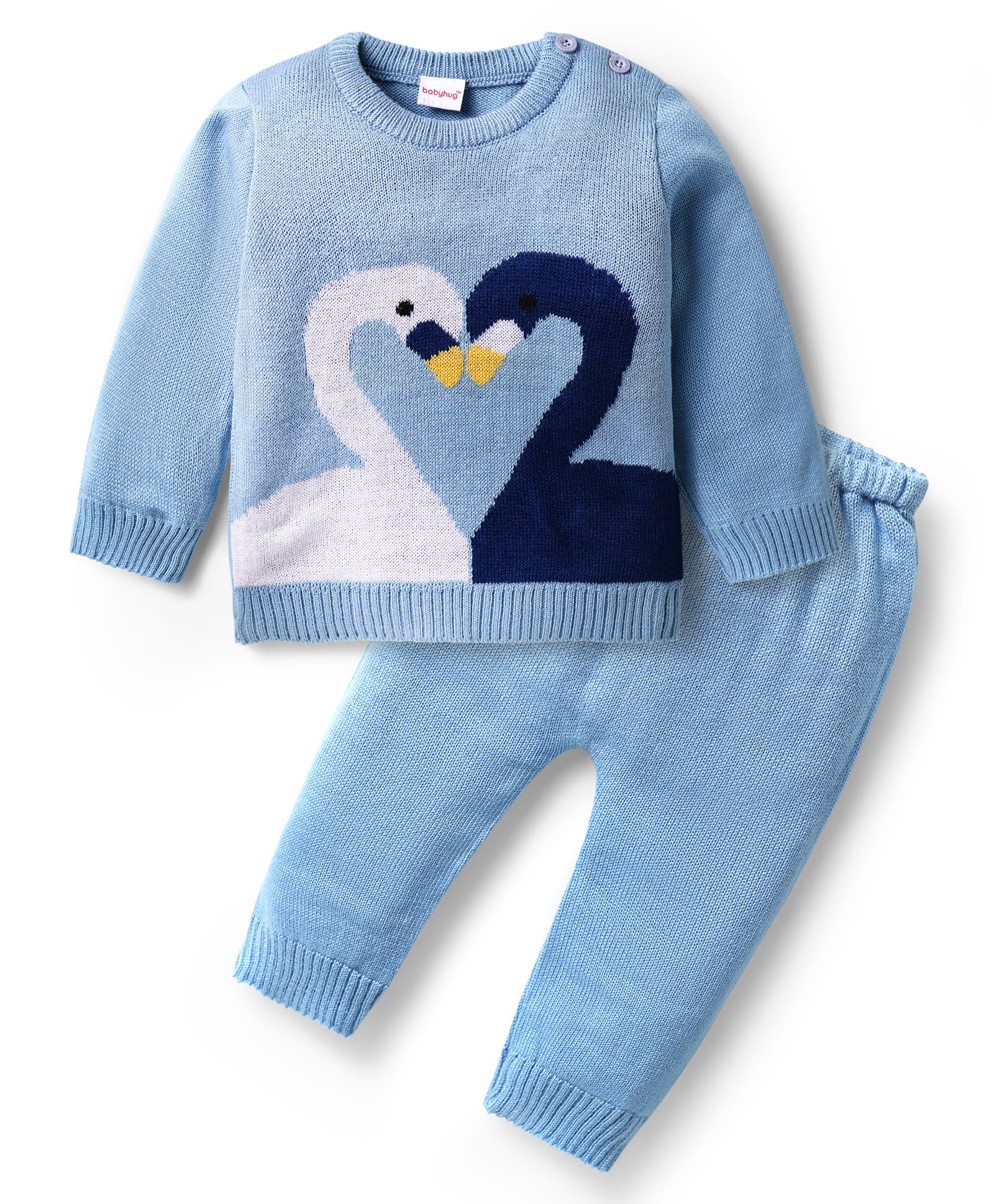 Babyhug Acrylic Knitted Full Sleeves Sweater Set With Swan Design - Light Blue-image-38