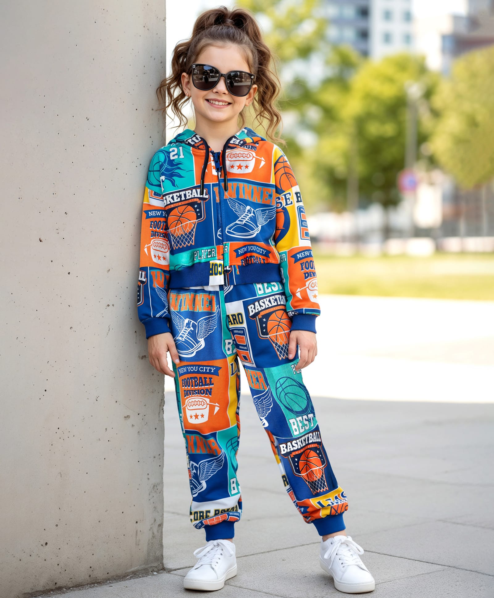 OLLINGTON ST. Cotton Basketball Printed Co-Ord Set of Full Sleeves Hoodie Sweatshirt & Joggers - Multicolor-picture-21