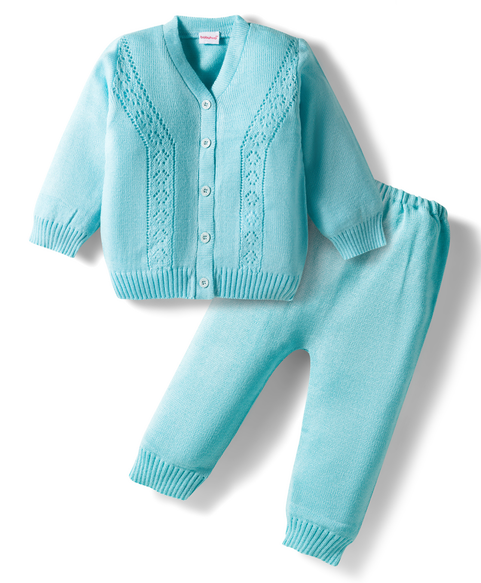 Babyhug Knitted Full Sleeves Solid Sweater Set - Light Blue-picture-33