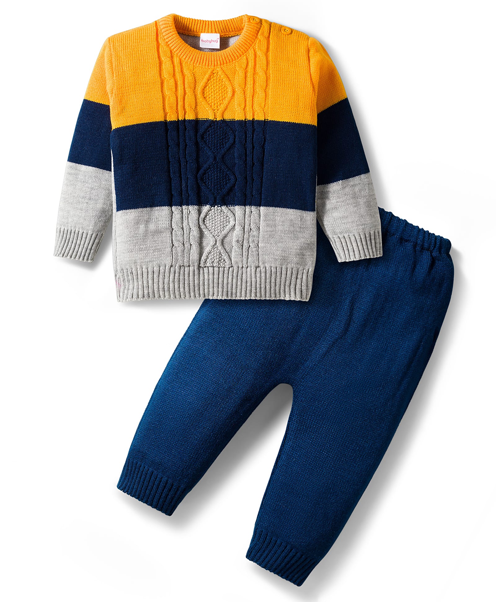 Babyhug Knit Full Sleeves Sweater Set with Color Block & Cable Knit Design - Navy Blue Grey & Yellow-picture-14