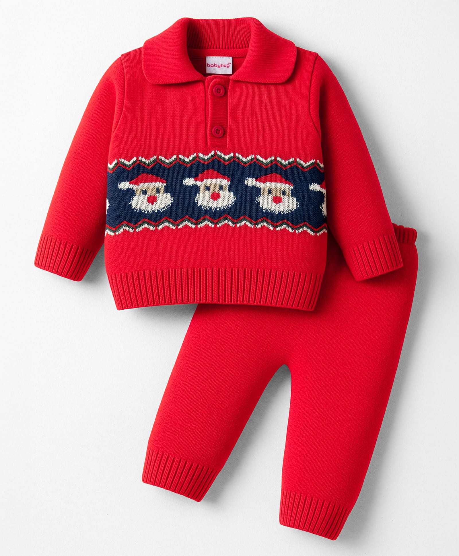 Babyhug Knit Full Sleeves Pullover Collared Sweater Set with Santa Design - Red-image-24