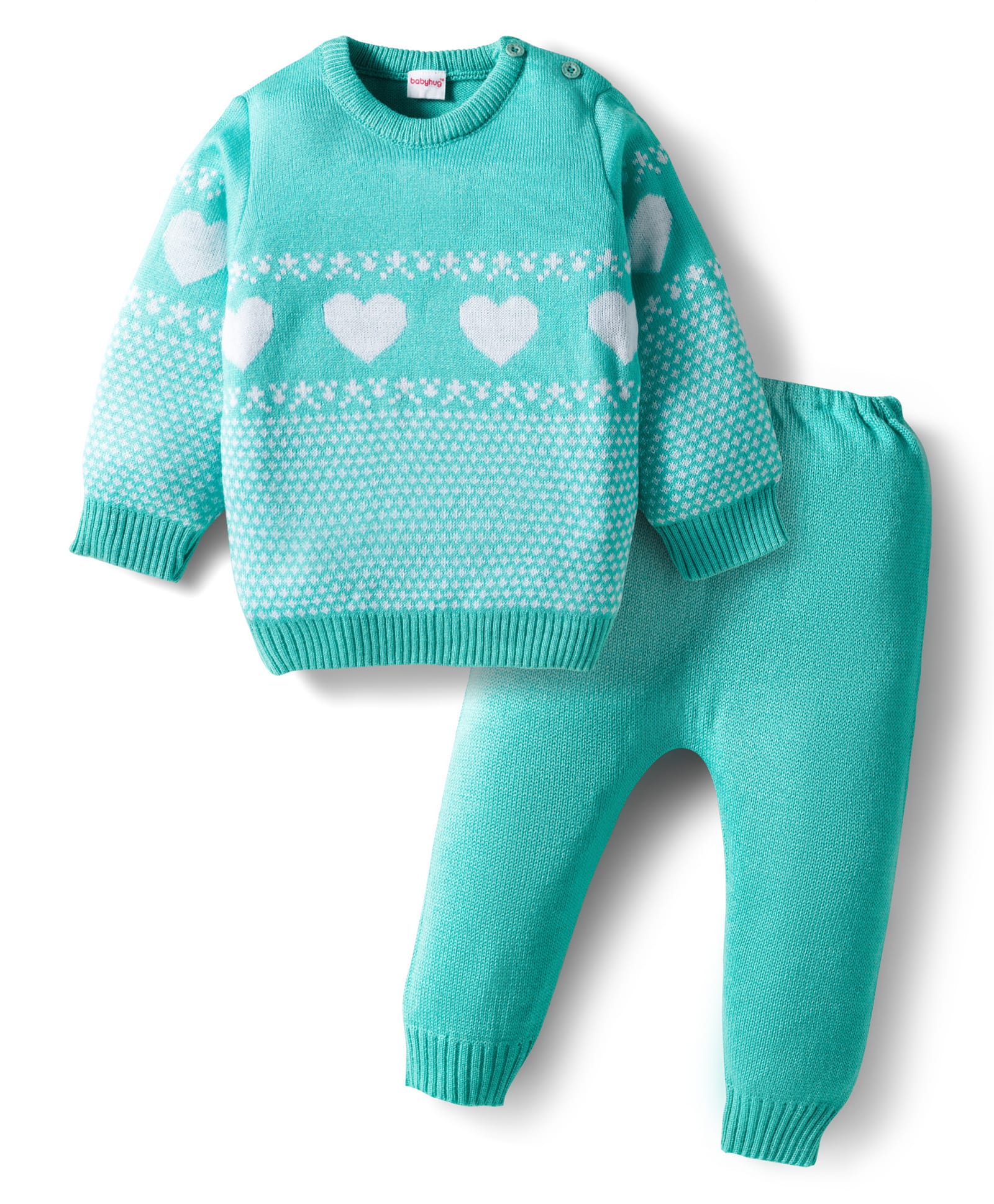 Babyhug Knit Full Sleeves Pullover Sweater Set with Heart Design - Aqua Blue-picture-23
