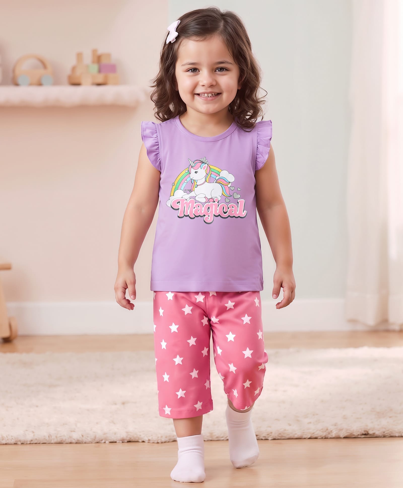 Babyhug Cotton Knit Frill Sleeves Capri Night Suit With Unicorn Print - Lavender & Dark Pink-picture-29