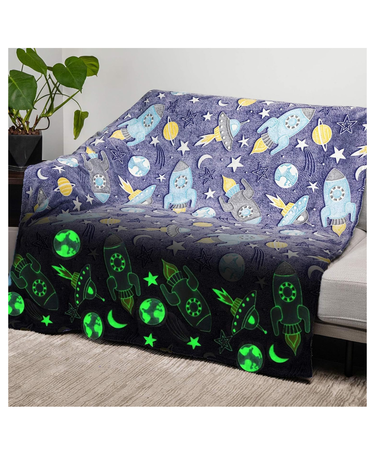 Happy Hues UFO & Rocket Glow in The Dark Blanket- Super Soft Fluffy Flannel Fleece All Season Blanket for 0-15 Years