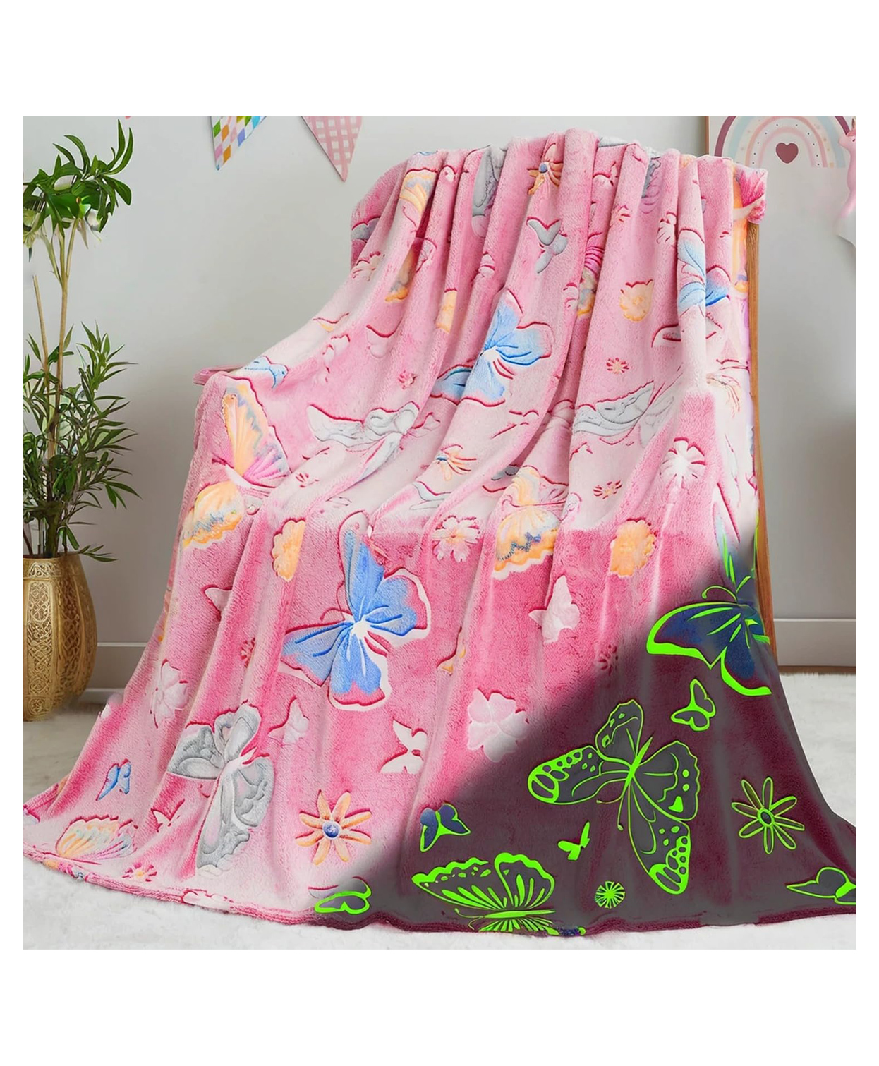Happy Hues Pink Butterfly Glow in The Dark Blanket- 200 x 150 cm Queen size Super Soft Fluffy Flannel Fleece All Season Blanket