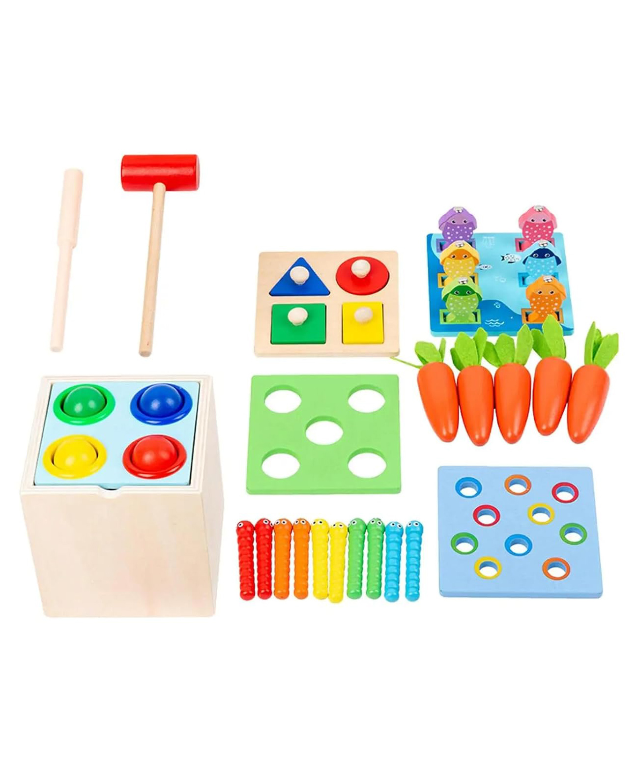 Happy Hues 5-in-1 Wooden Montessori Play Set- Fine Motor Skills Toy - Carrot Harvest- Fishing- Shape sorter- Pounding Game- Educational Toys - Birthday Gift for Toddlers-picture-13