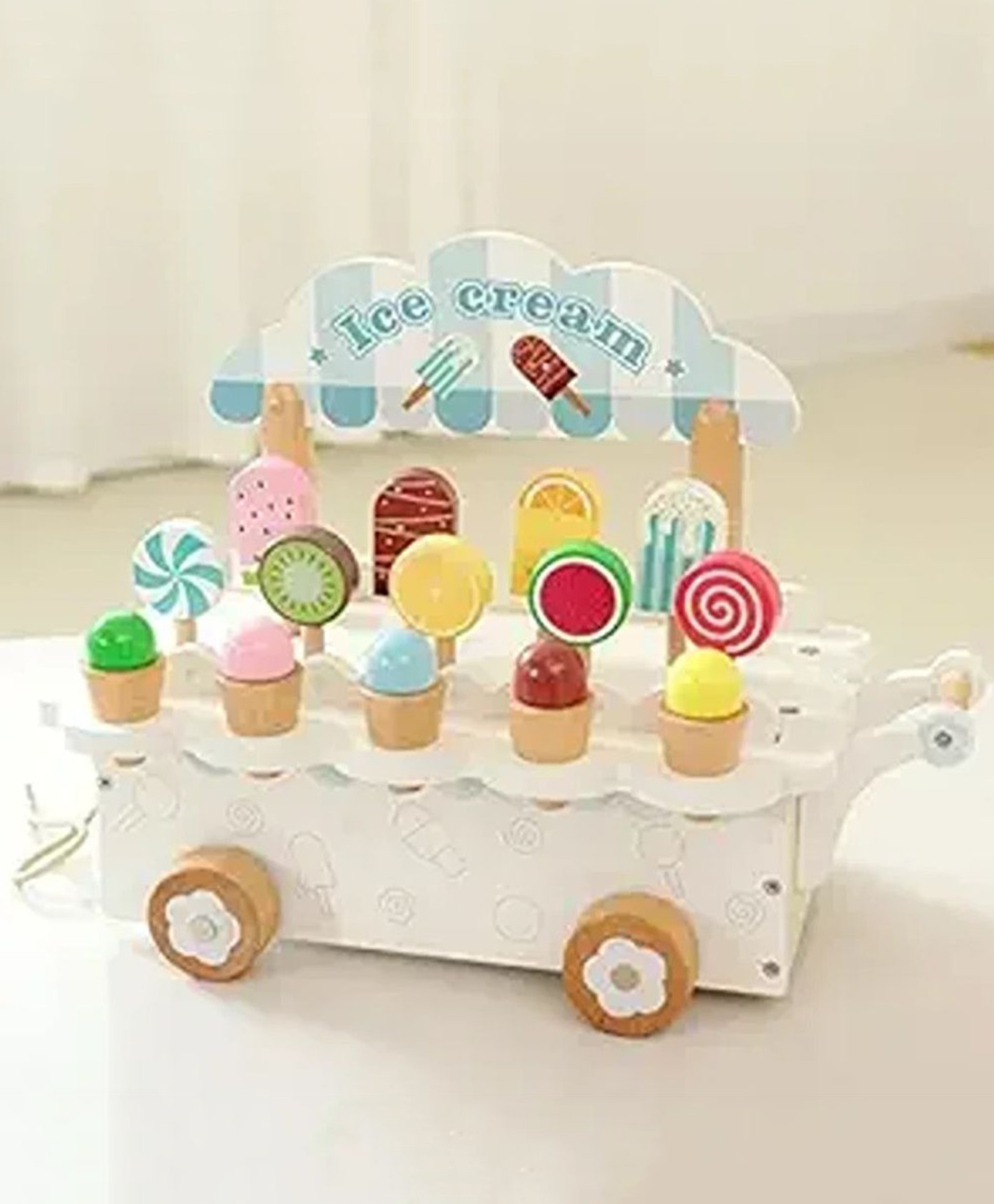 Happy Hues Wooden Ice Cream Cart- Wooden Colourful Ice Cream & Popsicle Toy Playset for Kids Toys for 3 4 Year Old Girls Boys Birthday Gift, Wooden Toys for Baby- White Cart