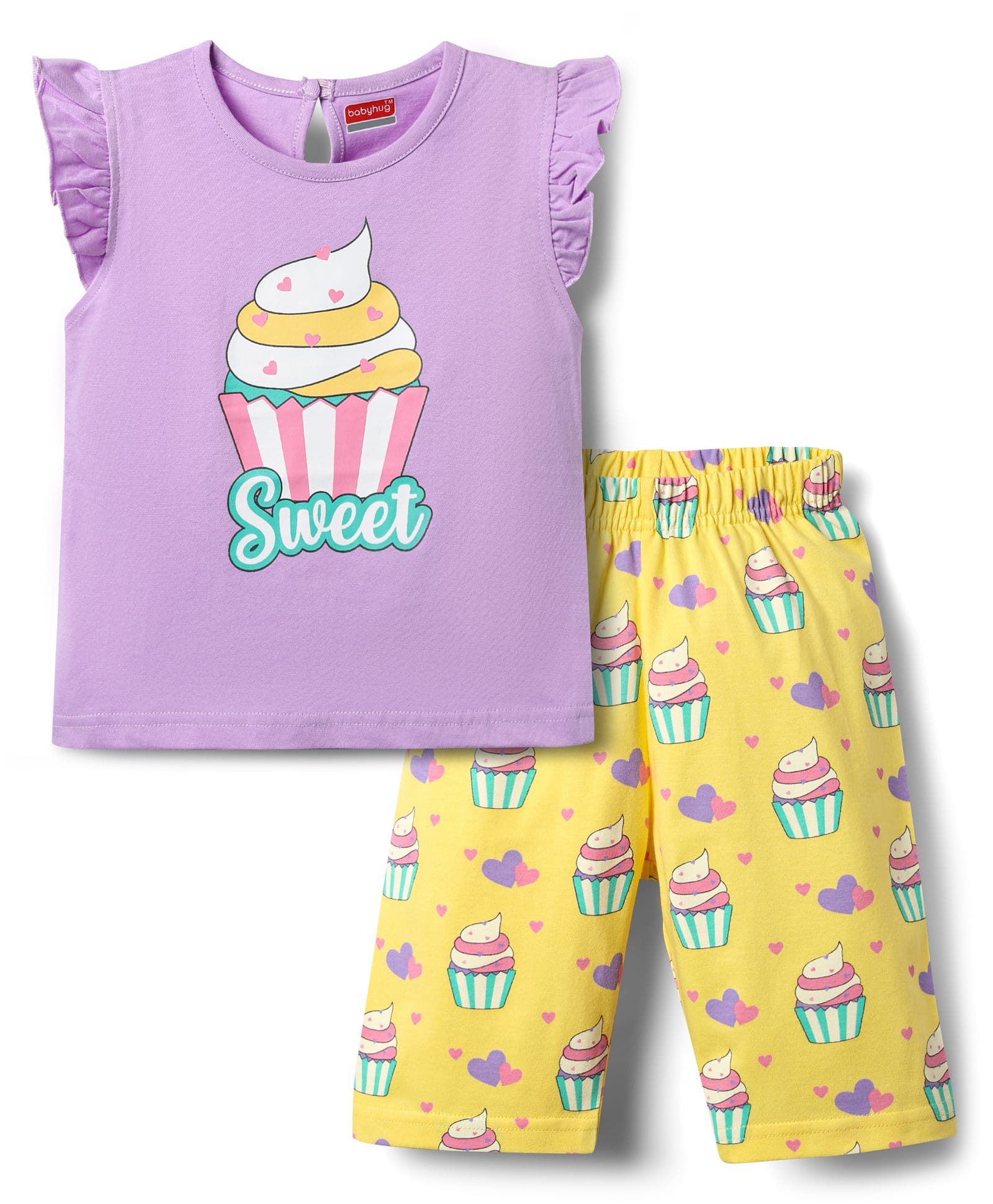 Babyhug Cotton Knit Frill Sleeves Capri Night Suit With Cup Cakes Print - Lavender-image-10