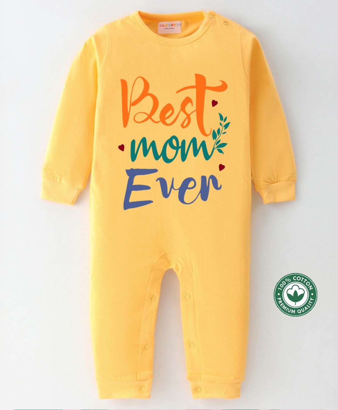 BLUSHES 100% Cotton Mothers Day Theme Full Sleeves Best Mom Ever Text Printed Romper - Yellow-image-30